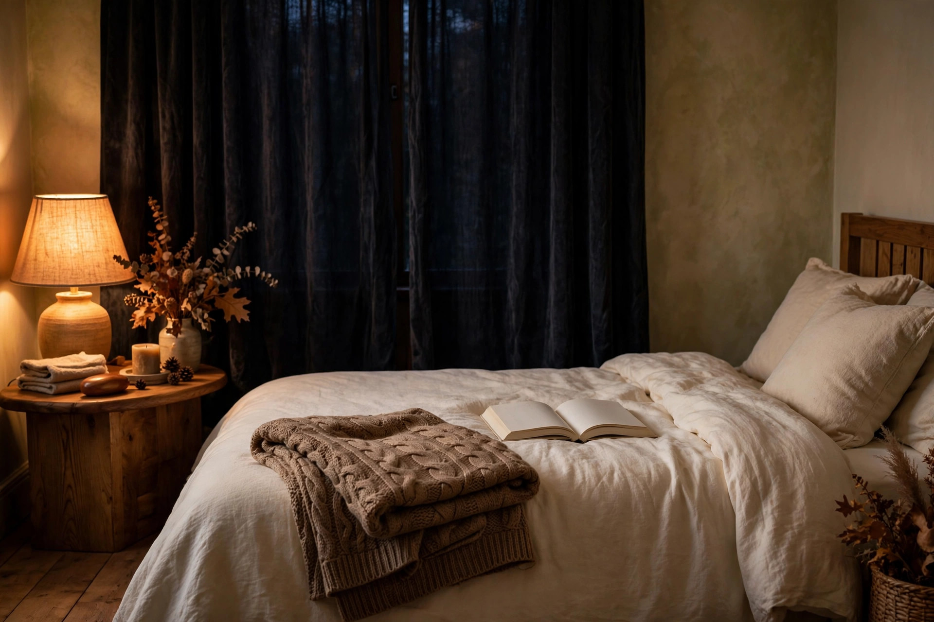 Cozy autumn bedroom with dark curtains, a warm bedside lamp, folded knit blanket, and an open book on the bed