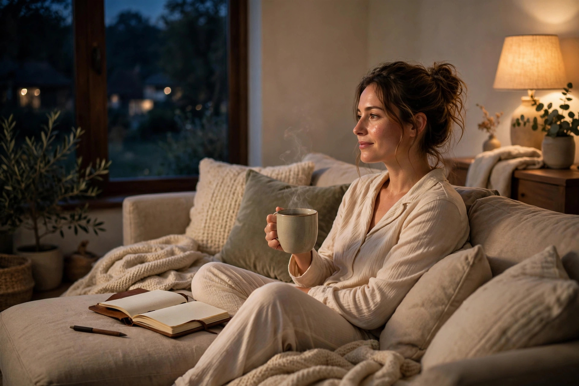 Woman in pajamas enjoying a calming evening wind-down with herbal tea and a journal on a cozy sofa