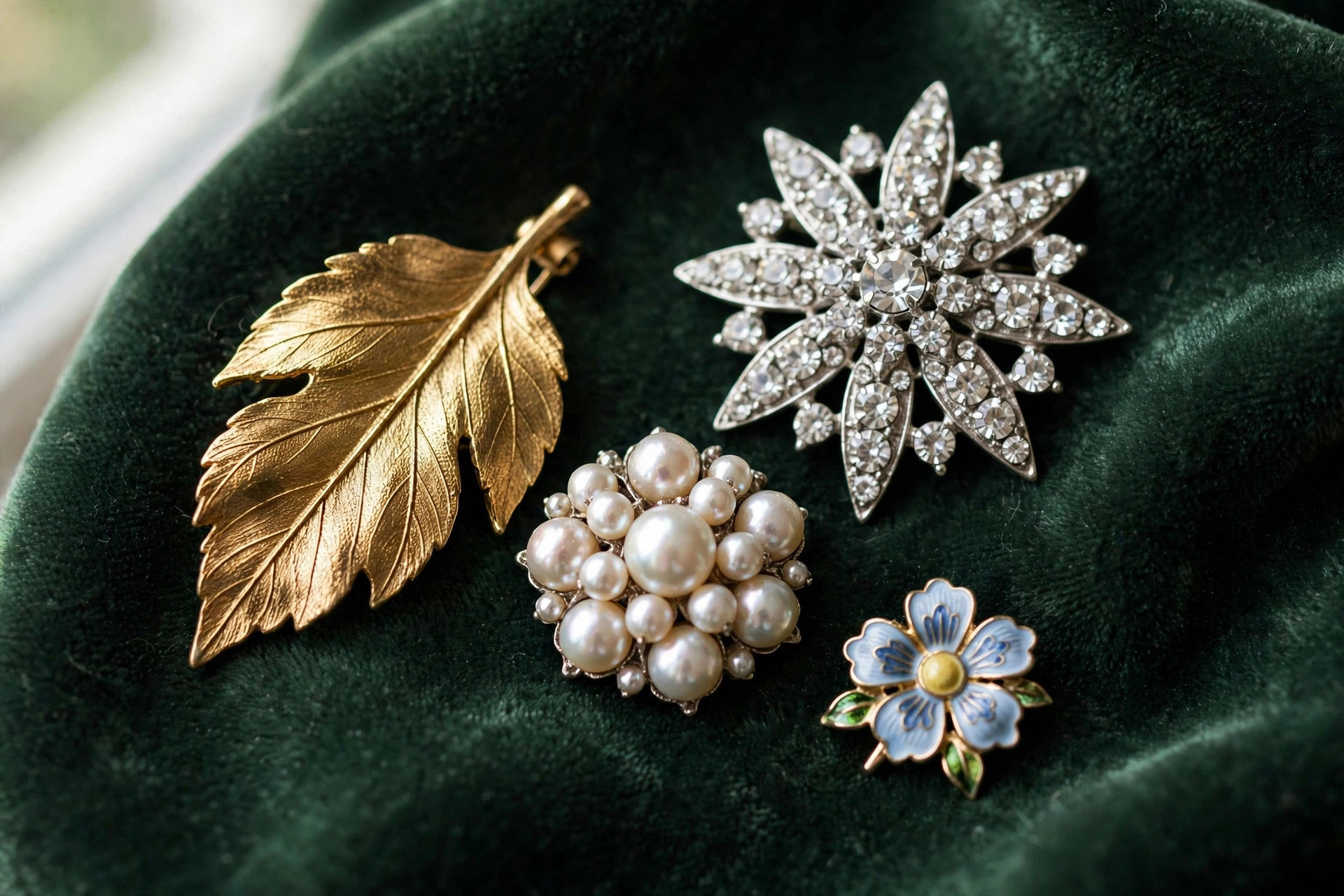 Curated collection of vintage brooches - a gold leaf brooch, a crystal brooch, a pearl brooch and an enamel flower brooch - arranged on dark green velvet