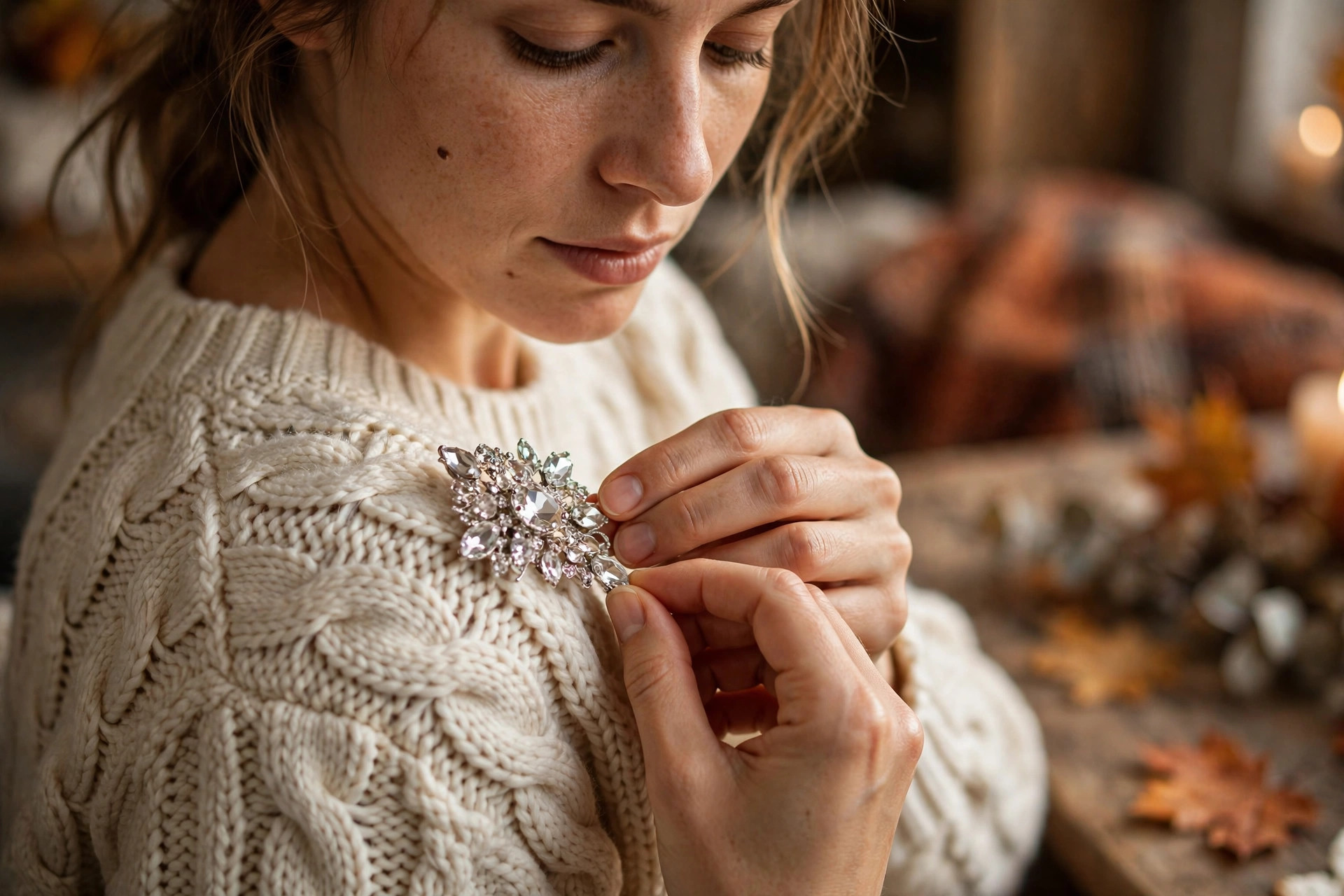Woman pinning a sparkling crystal brooch at the shoulder of a chunky cream cable-knit sweater in warm autumn light