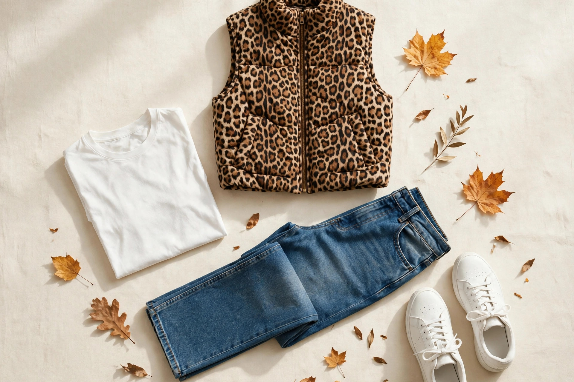 Flat lay of a leopard print vest styled with a white t-shirt, jeans and sneakers