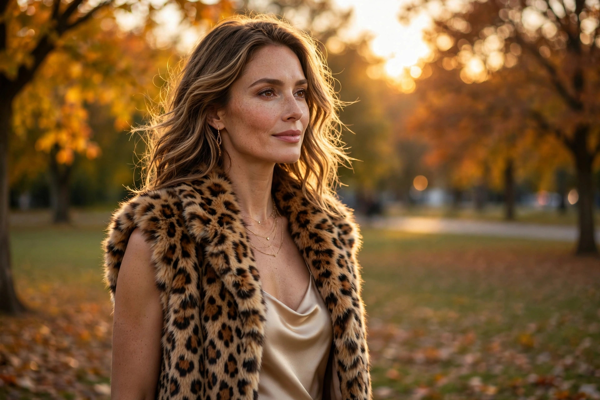Woman wearing a leopard faux fur vest over a slip dress in golden autumn light