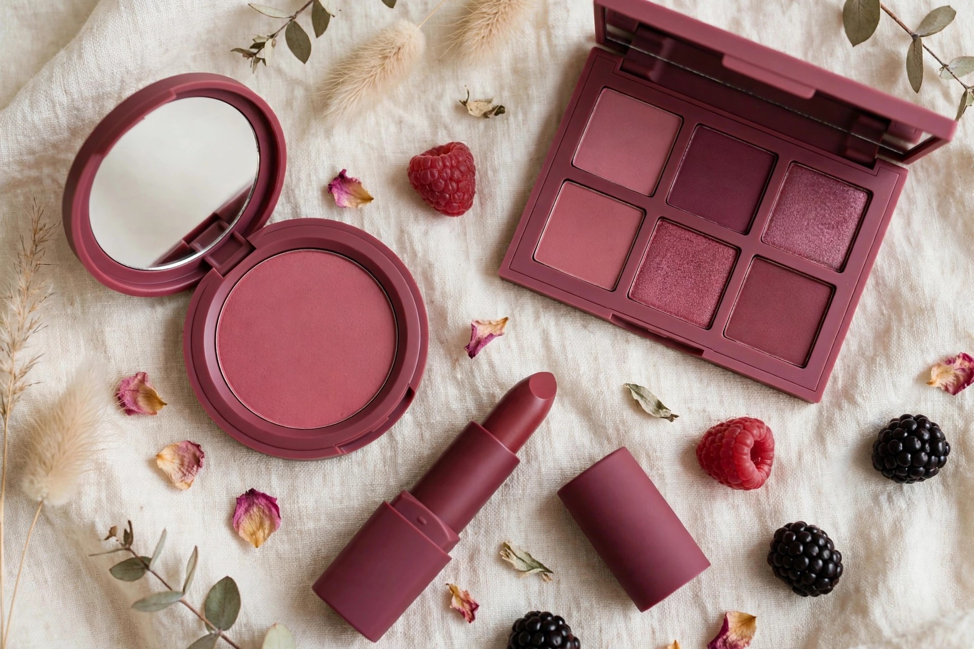 Flat lay of berry-toned lipstick, blush, and eyeshadow on a cream surface