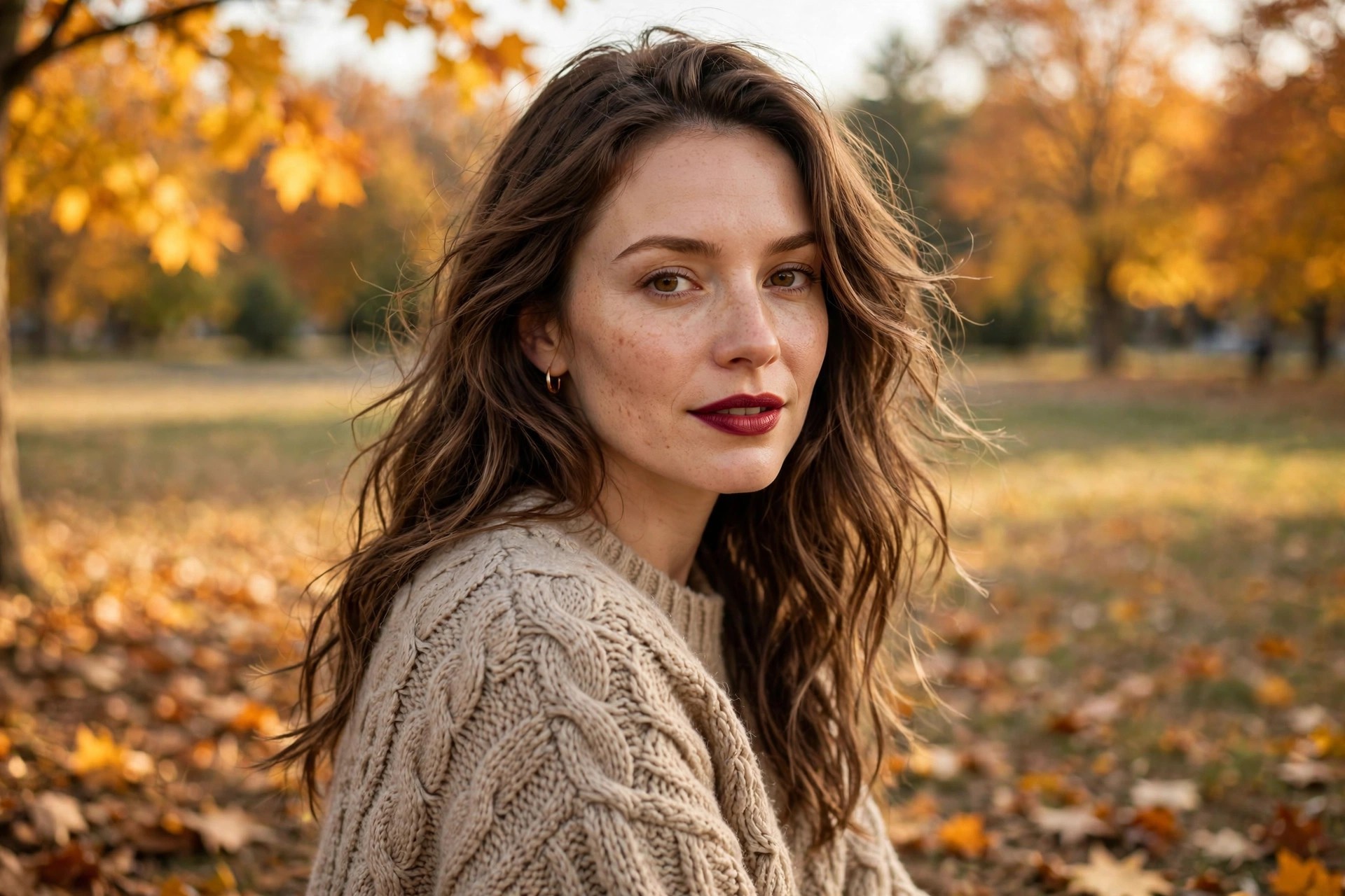 Woman with berry lips wearing a cozy fall sweater outdoors in autumn