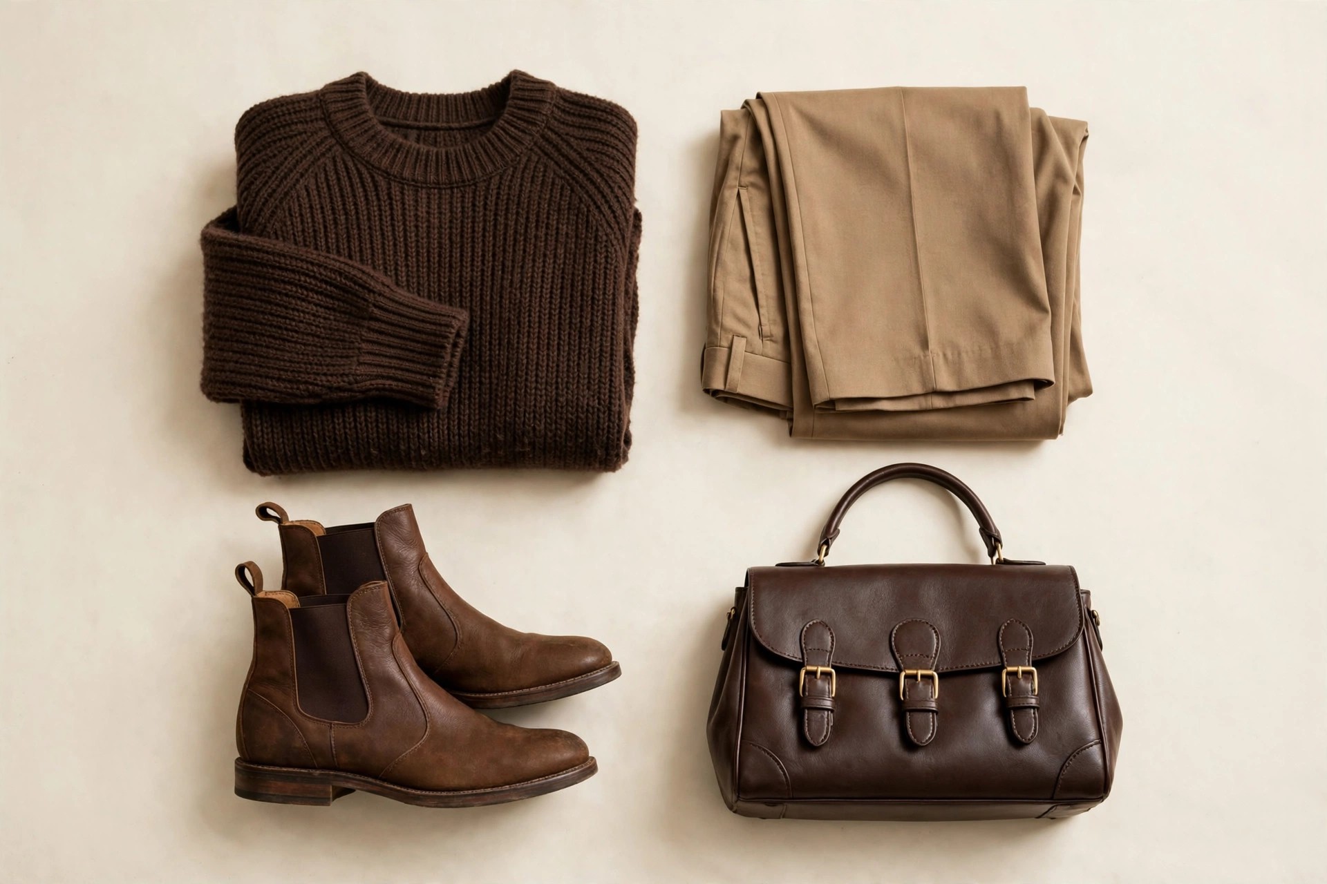 Flat lay of a brown monochrome fall outfit with an espresso sweater, tan trousers, brown boots, and a leather handbag.