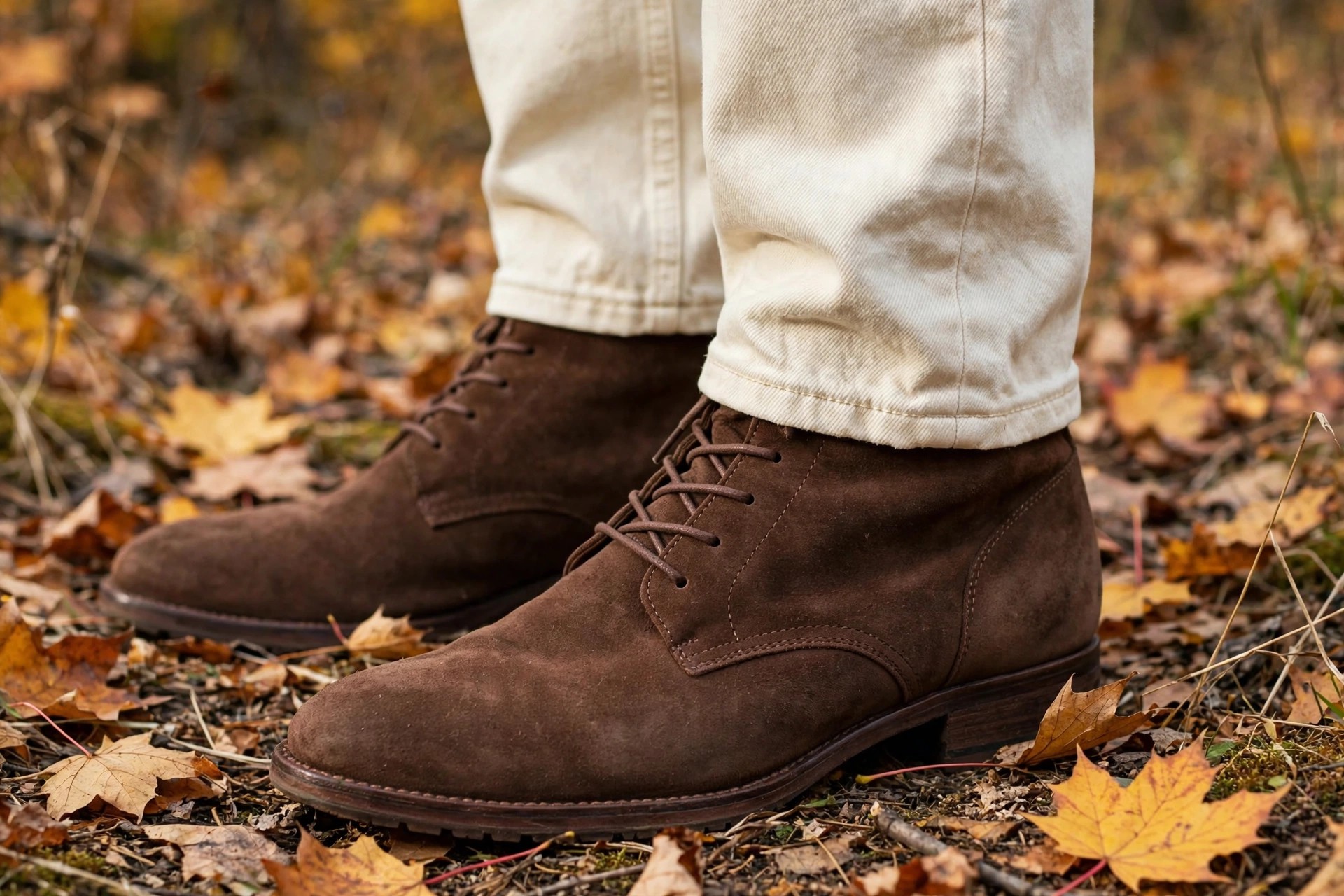 Close-up of chocolate-brown suede boots paired with cream jeans.
