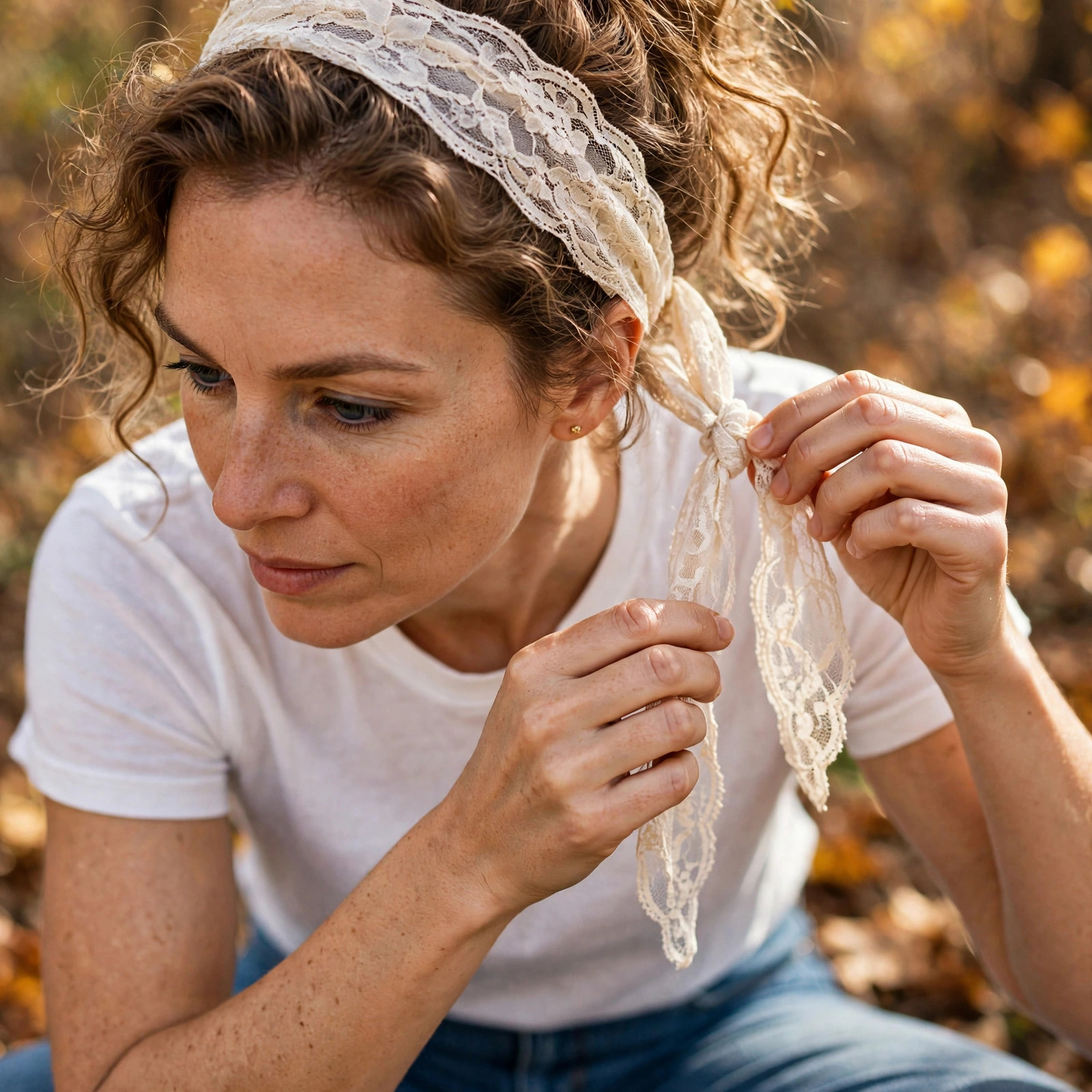 Woman tying a delicate cream lace bandana around her hair, wearing a white t-shirt and jeans in bright autumn daylight