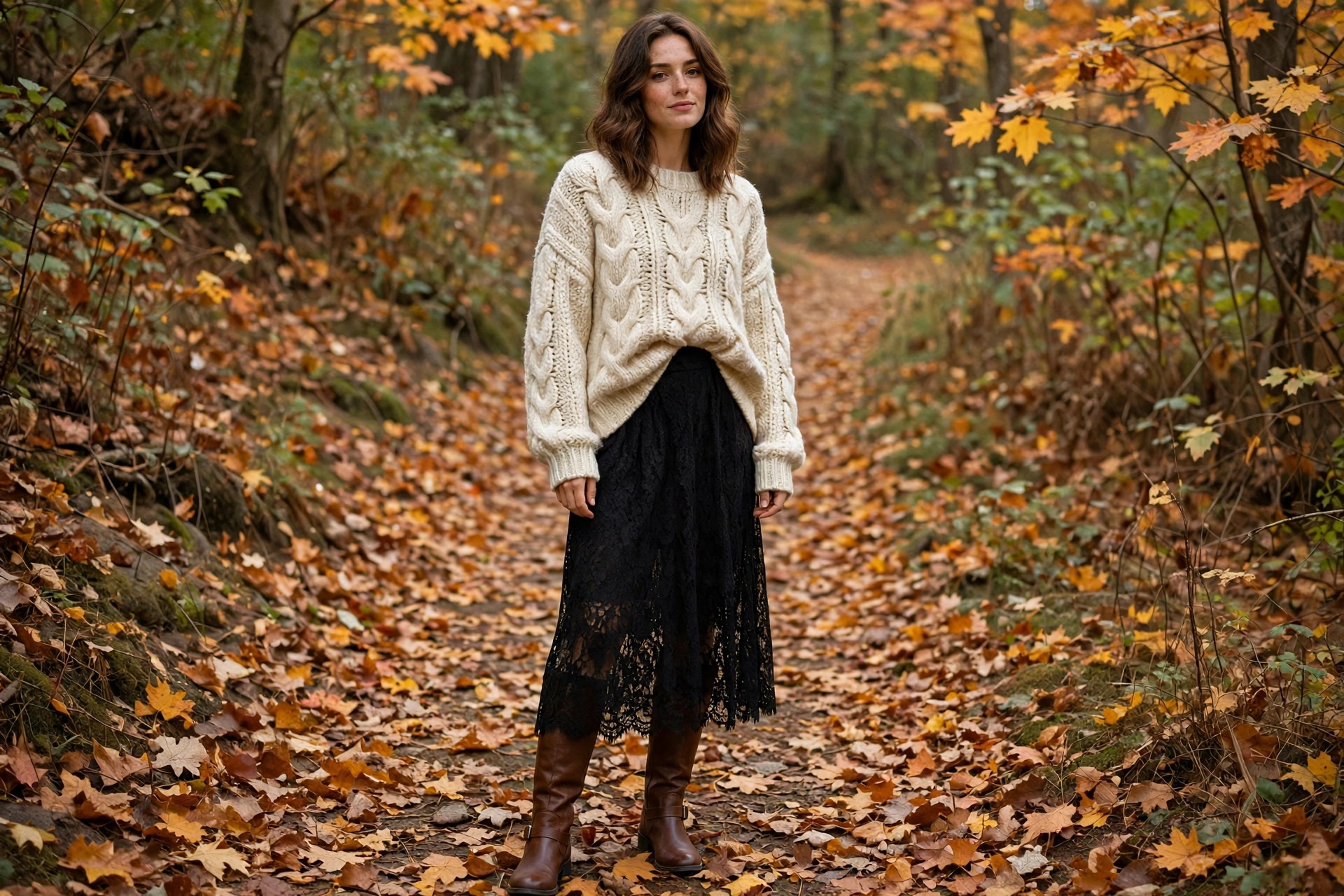 Woman wearing a black lace midi skirt with an oversized cream chunky sweater half-tucked in front and brown knee-high boots on a leaf-covered path