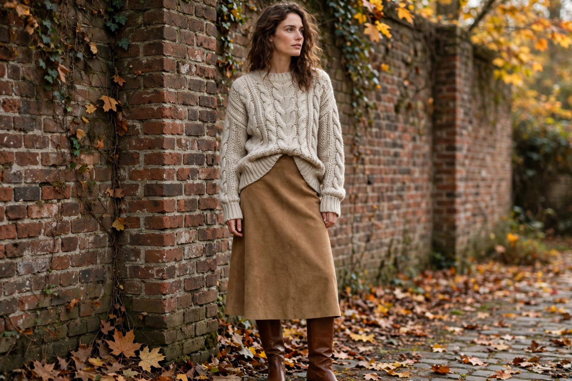 Woman wearing a tan suede skirt with a chunky knit sweater and knee-high boots by a brick wall