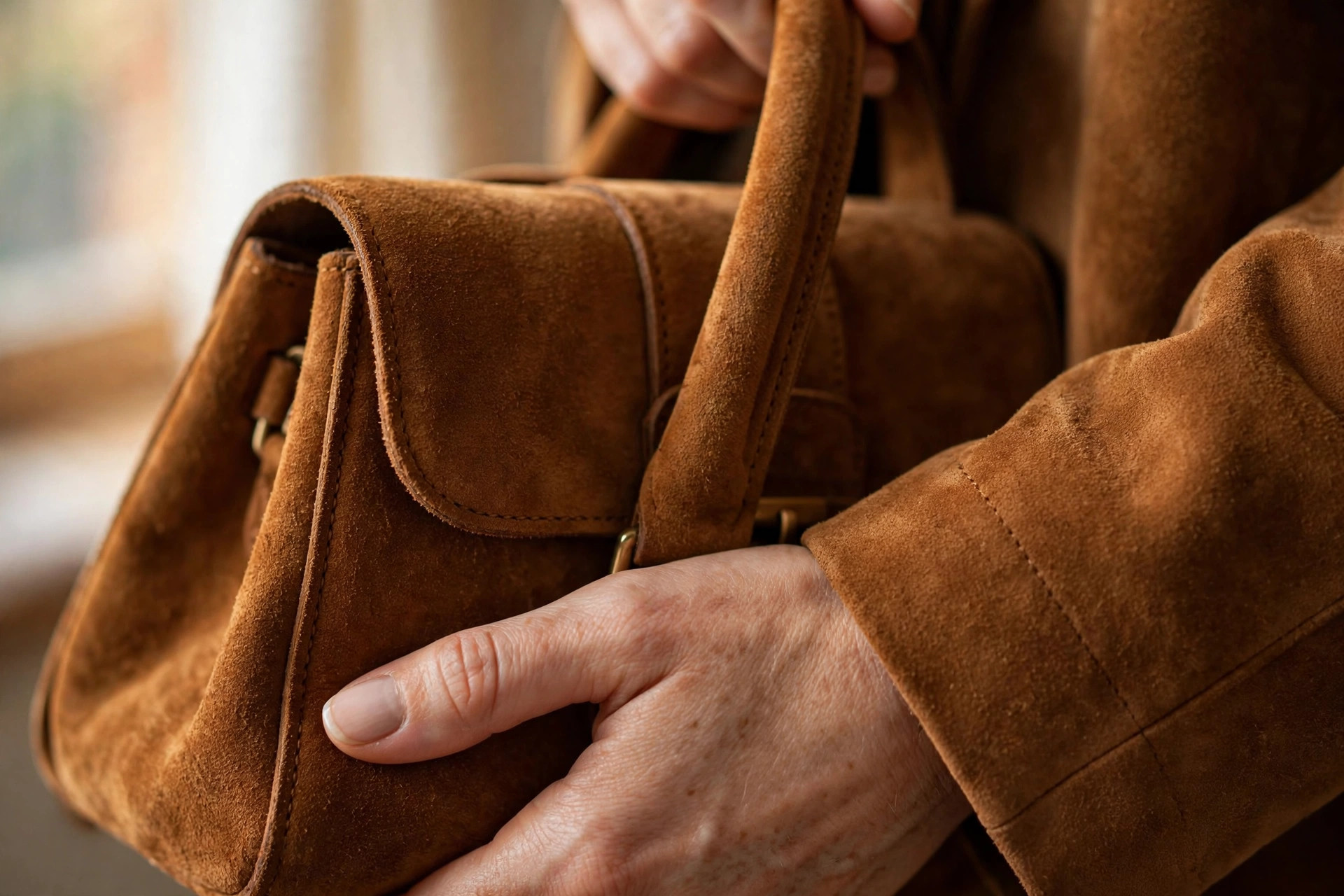 Close-up detail of suede texture with a hand holding a suede handbag in warm soft light