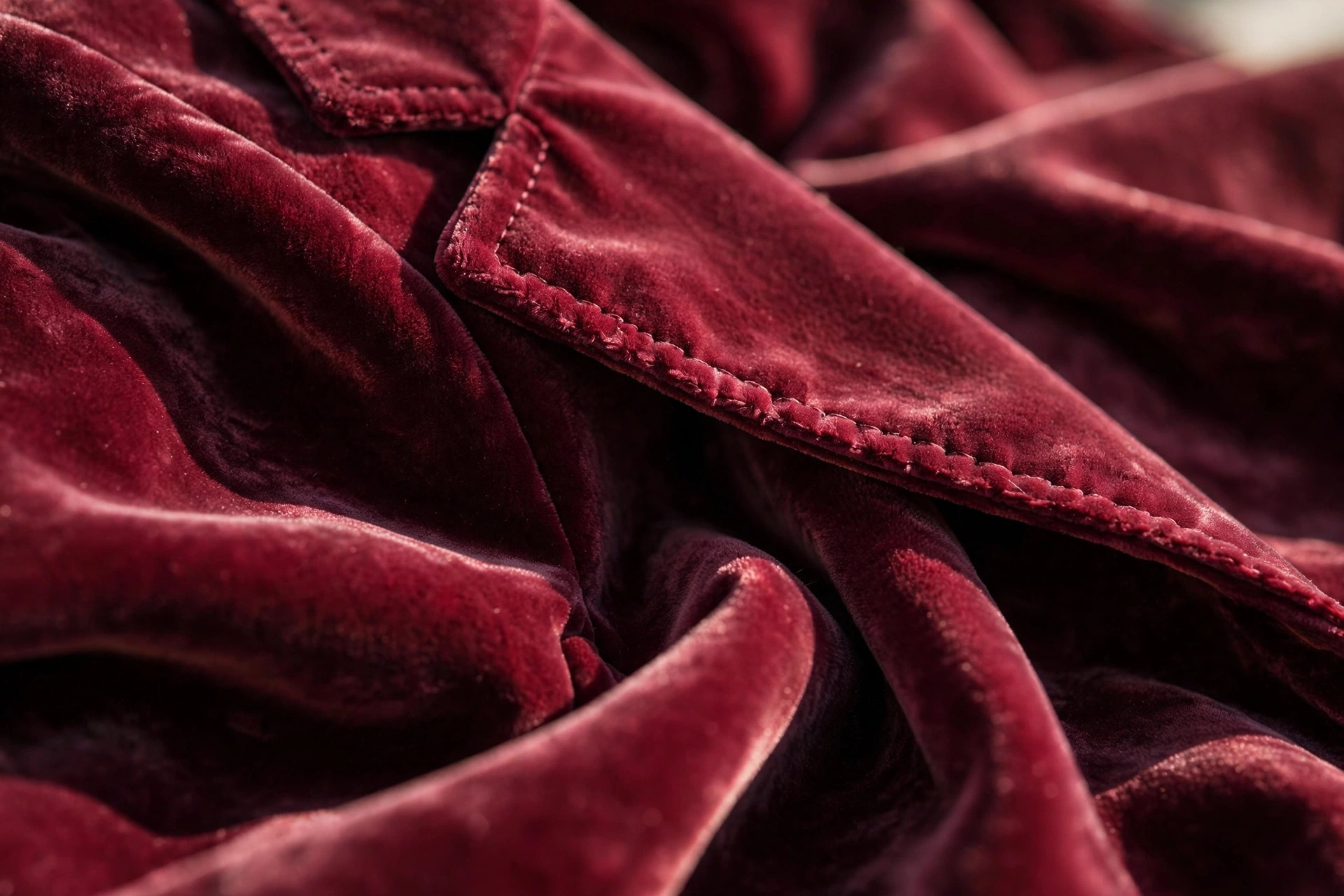 Close-up of a burgundy velvet blazer lapel showing the plush texture of holiday velvet.