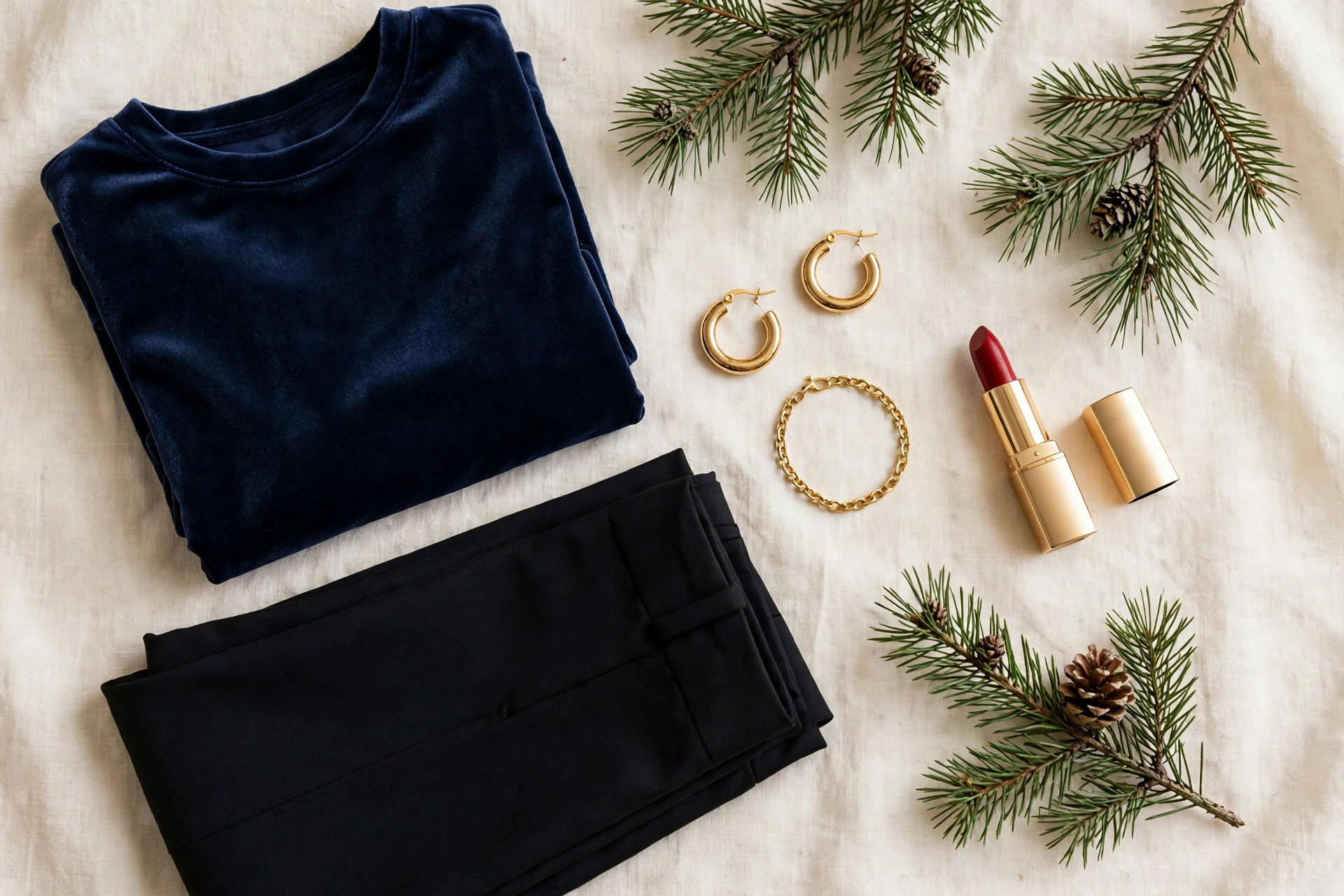 Flat lay of a navy velvet top with black trousers and gold jewelry, a holiday outfit idea.