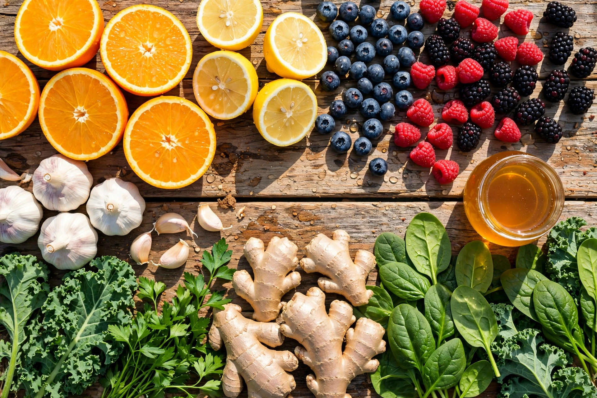 Flat lay of immune-supporting foods including oranges, lemons, berries, garlic, ginger, and leafy greens on a wooden table