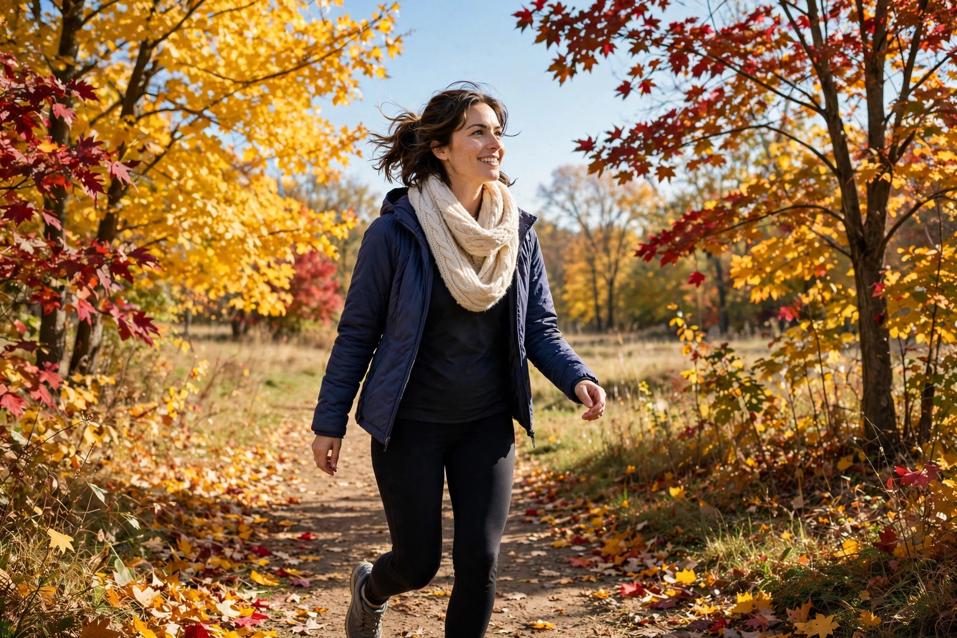 Woman in a cozy scarf taking a brisk walk outdoors on a crisp autumn day with golden leaves around her