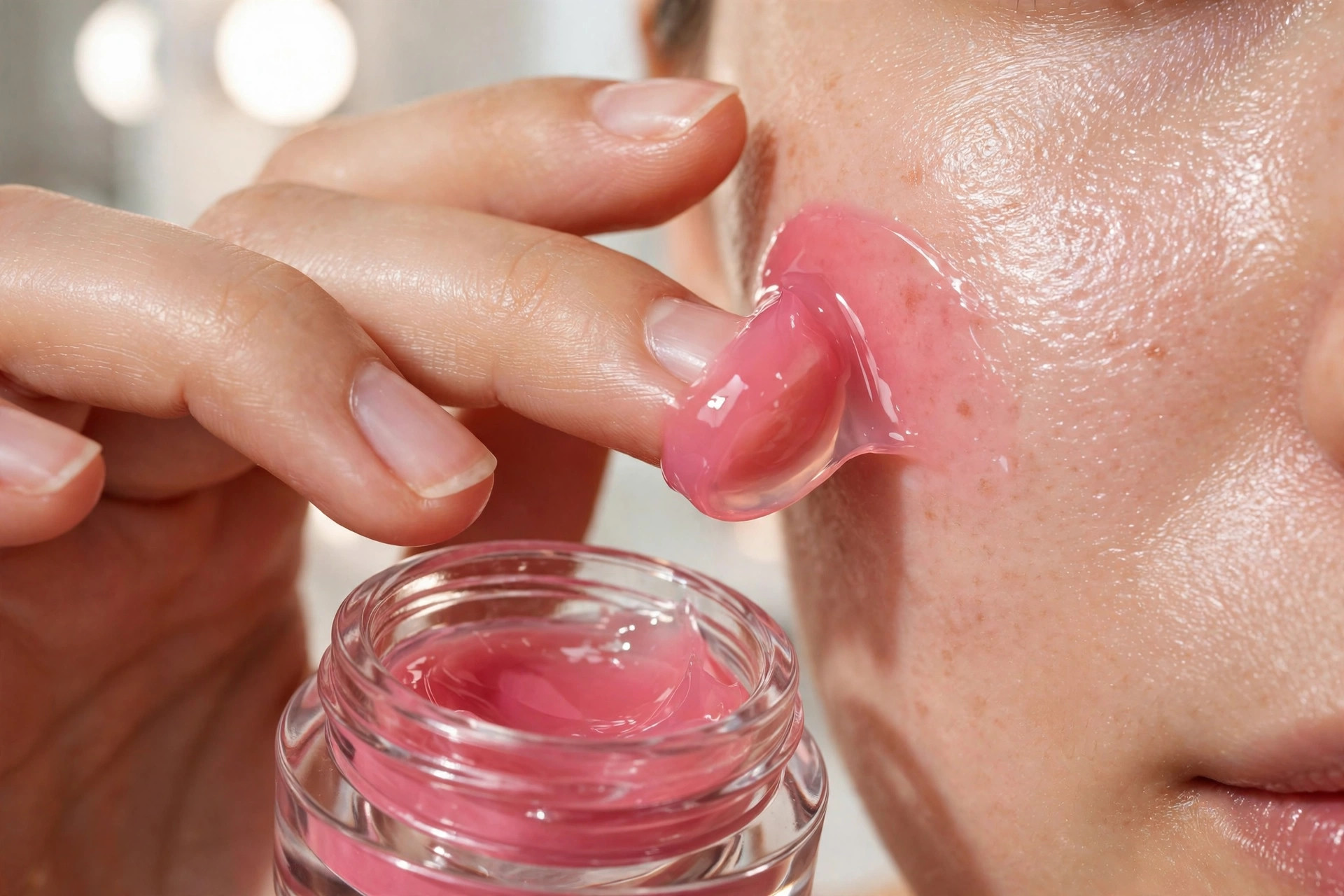 Woman's fingers pressing glossy pink jelly blush from a small open glass pot onto her cheek at a bright vanity