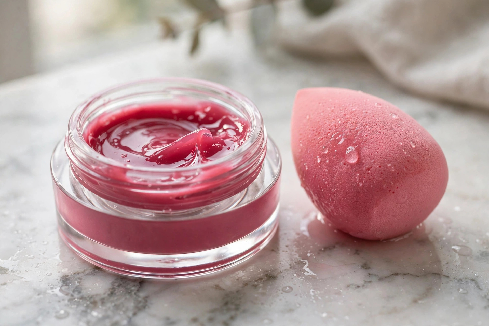 Open pot of glossy berry-pink jelly blush beside a damp pink makeup sponge on a marble vanity in soft daylight