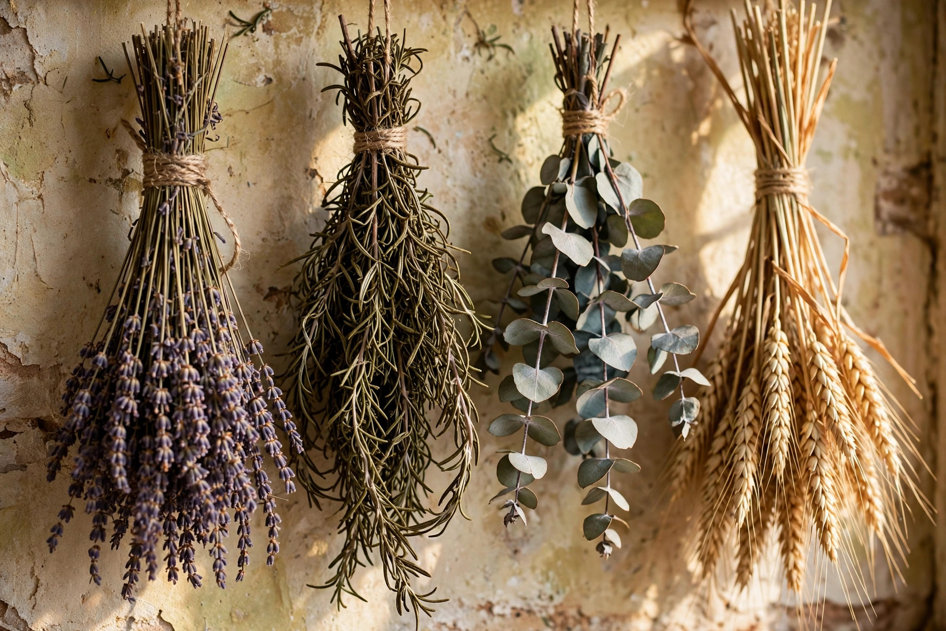 Bundles of dried lavender, rosemary, eucalyptus and wheat tied with twine hanging upside down on a rustic kitchen wall