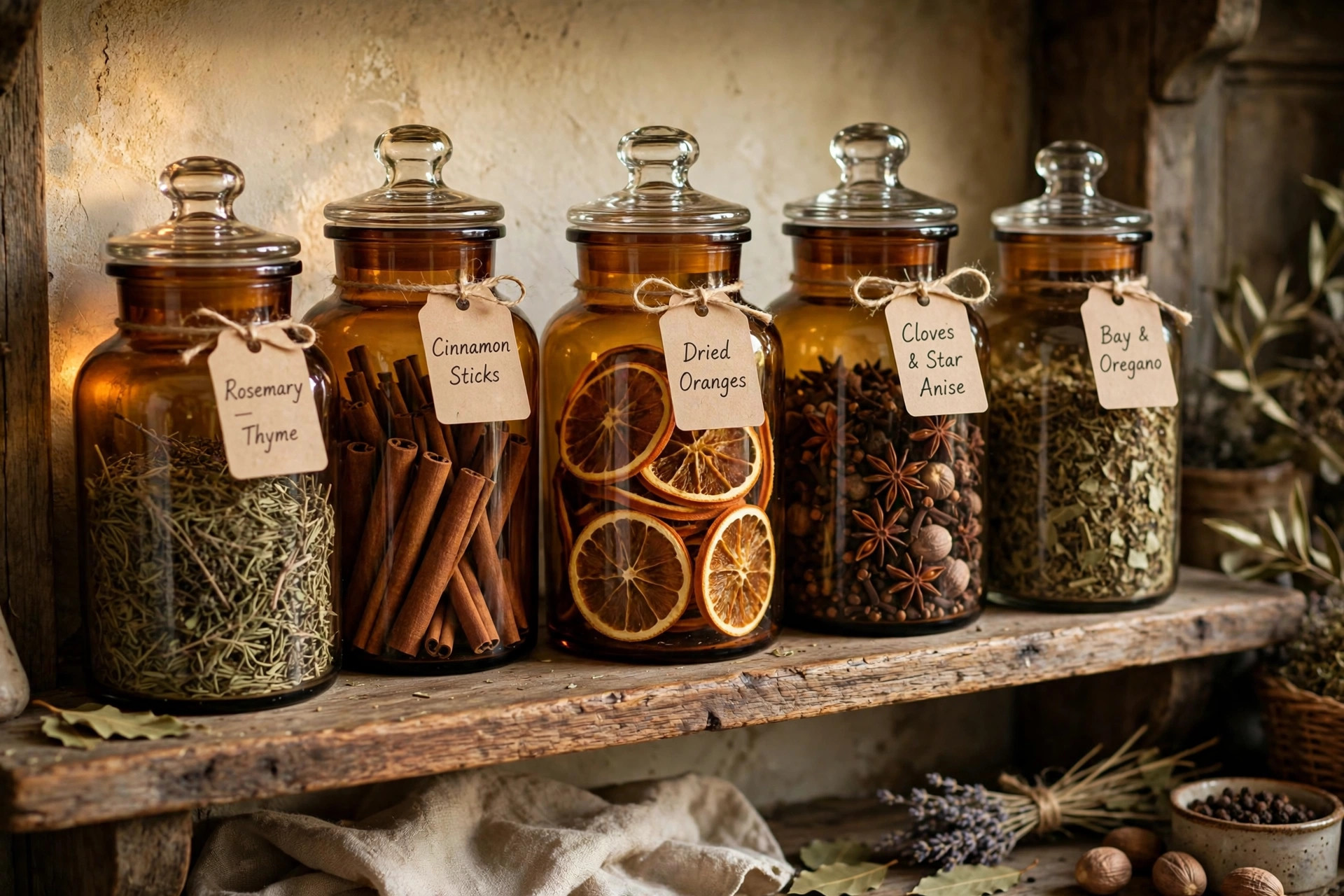 Amber glass apothecary jars filled with dried herbs, cinnamon sticks and dried orange slices with handwritten kraft paper tags on a wooden shelf