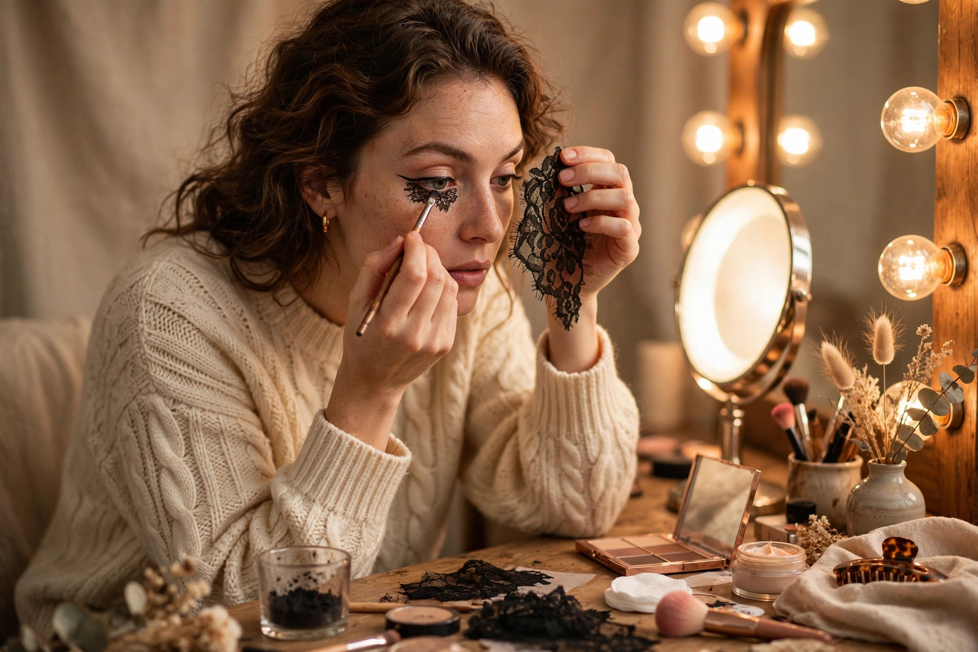Woman holding black lace fabric near her eye while applying lace-inspired eye makeup with a fine brush at a vanity mirror