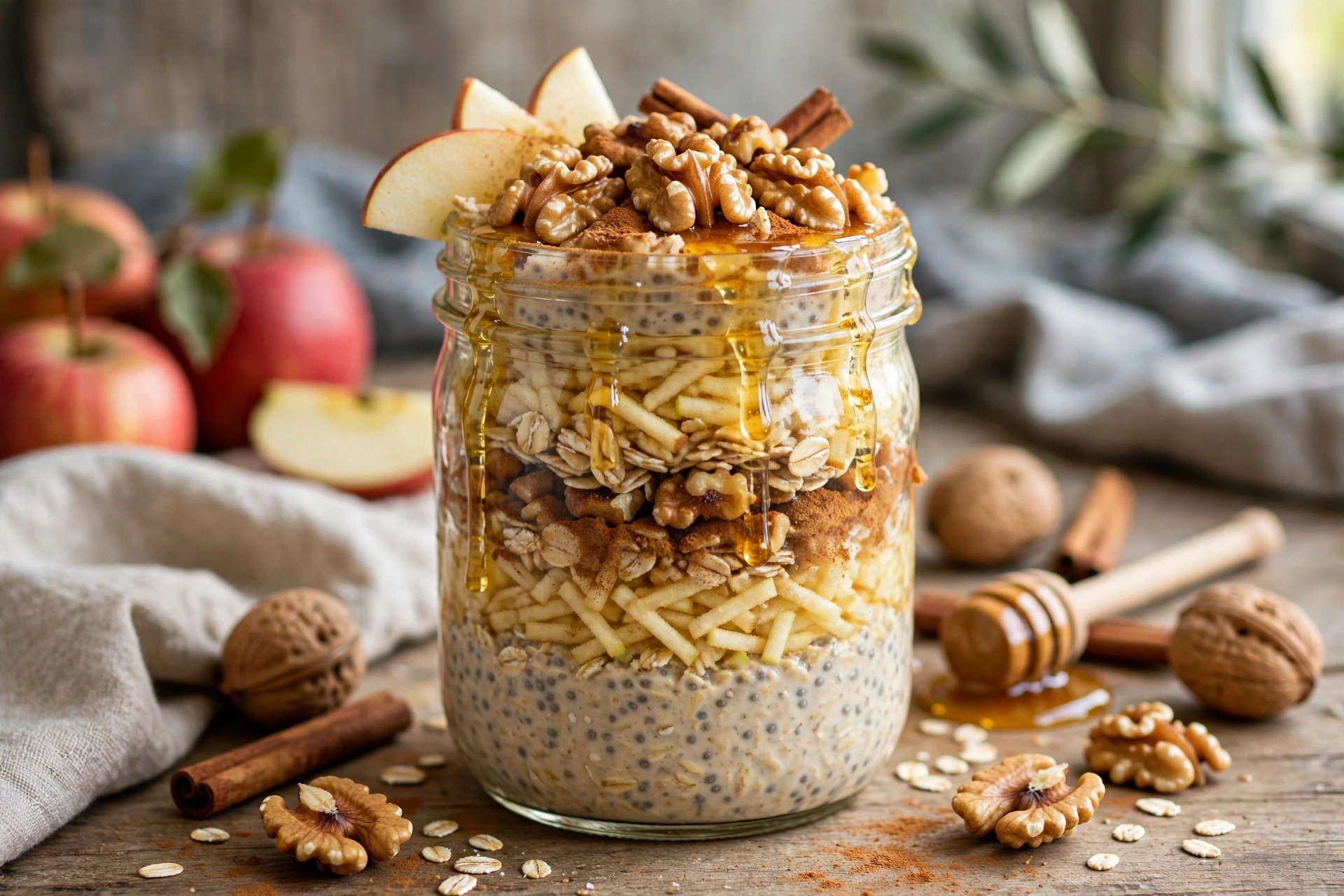A jar of apple pie overnight oats layered with grated apple, cinnamon, walnuts and honey.