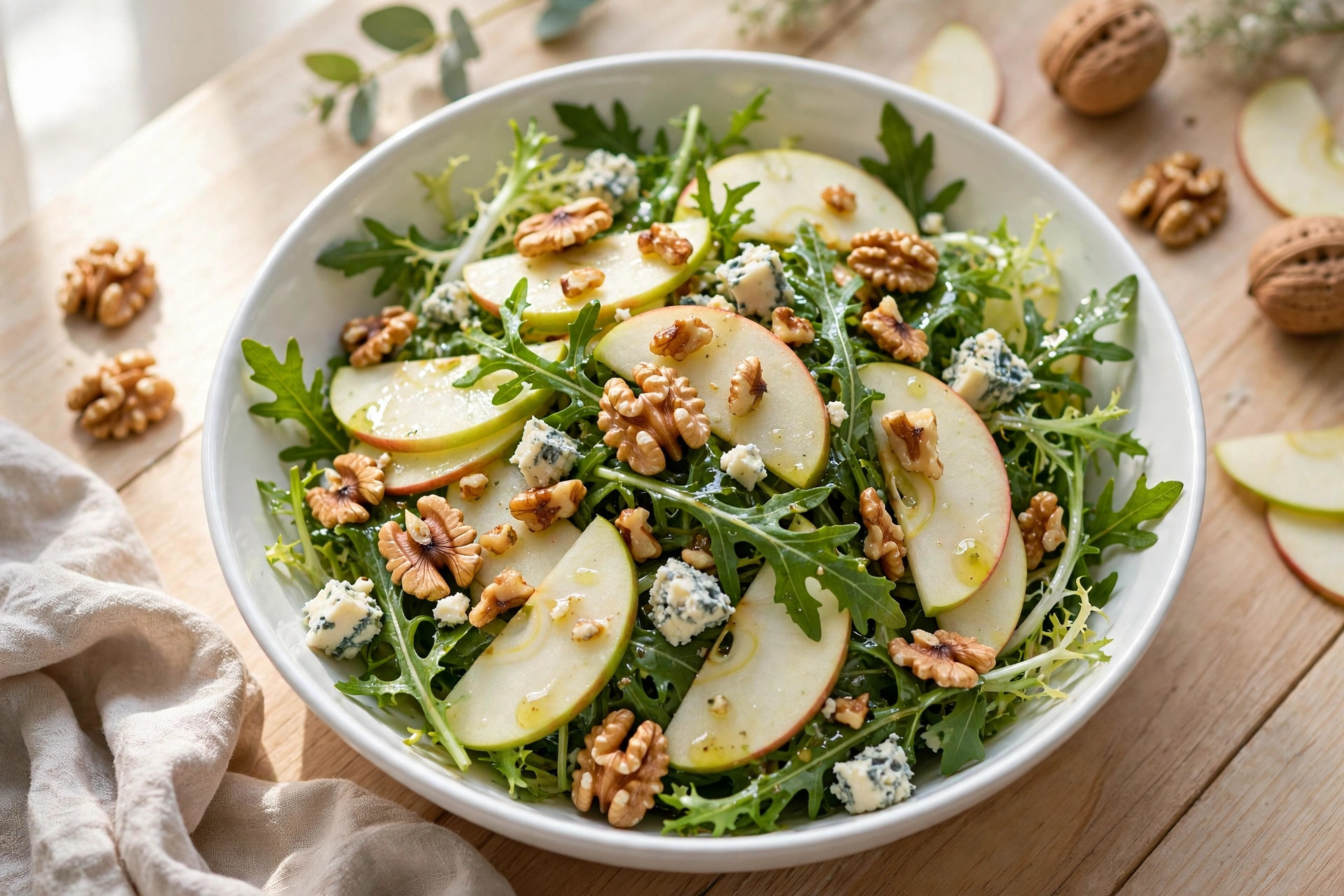 A fresh apple, walnut and blue cheese salad in a white bowl.