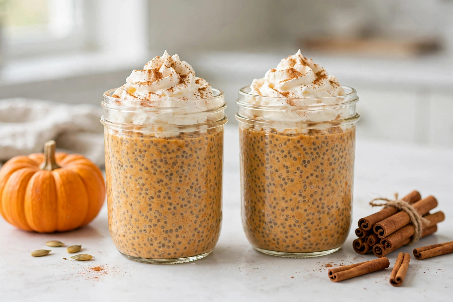 Glass jars of pumpkin spice chia pudding topped with whipped cream and cinnamon on a bright kitchen counter