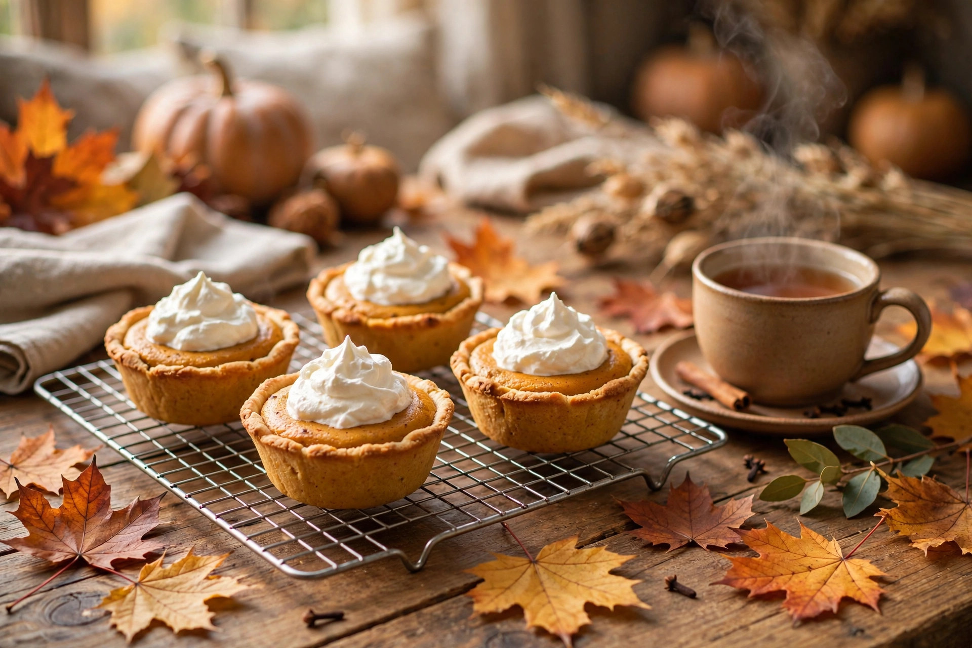 Freshly baked mini crustless pumpkin pie cups cooling on a rack with fall leaves and a cup of tea beside them