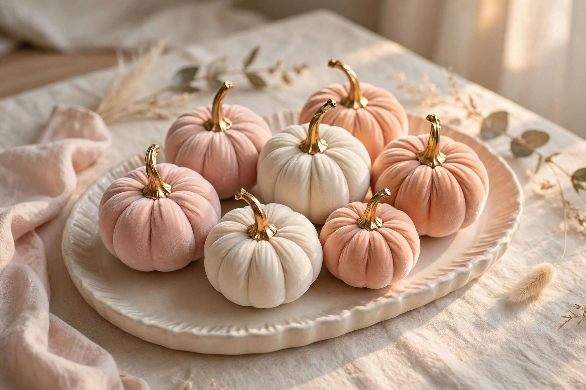 Blush pink, cream and peach velvet pumpkins with gold stems on a cream tray