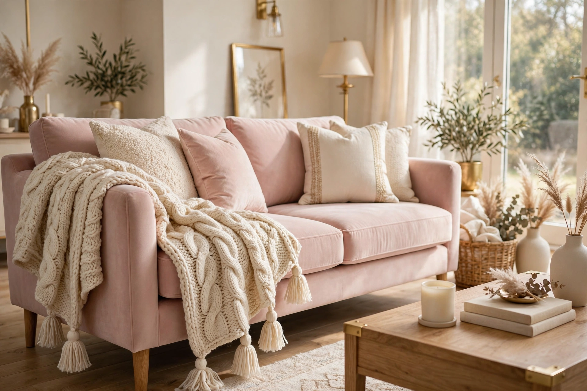 Cream chunky knit throw blanket with tassels draped over a blush sofa