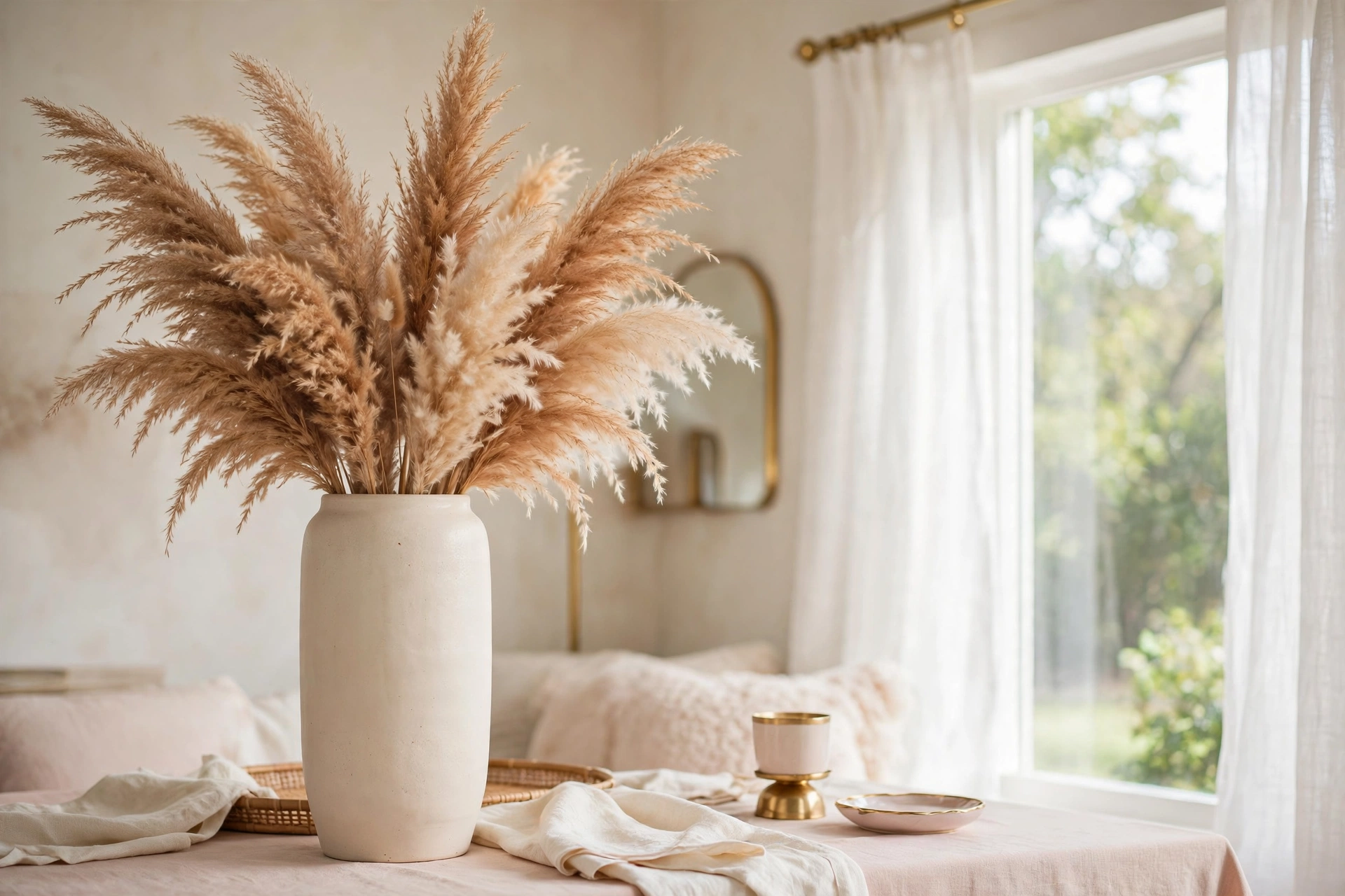 Tall vase of dried pampas grass in toffee, champagne and sand tones