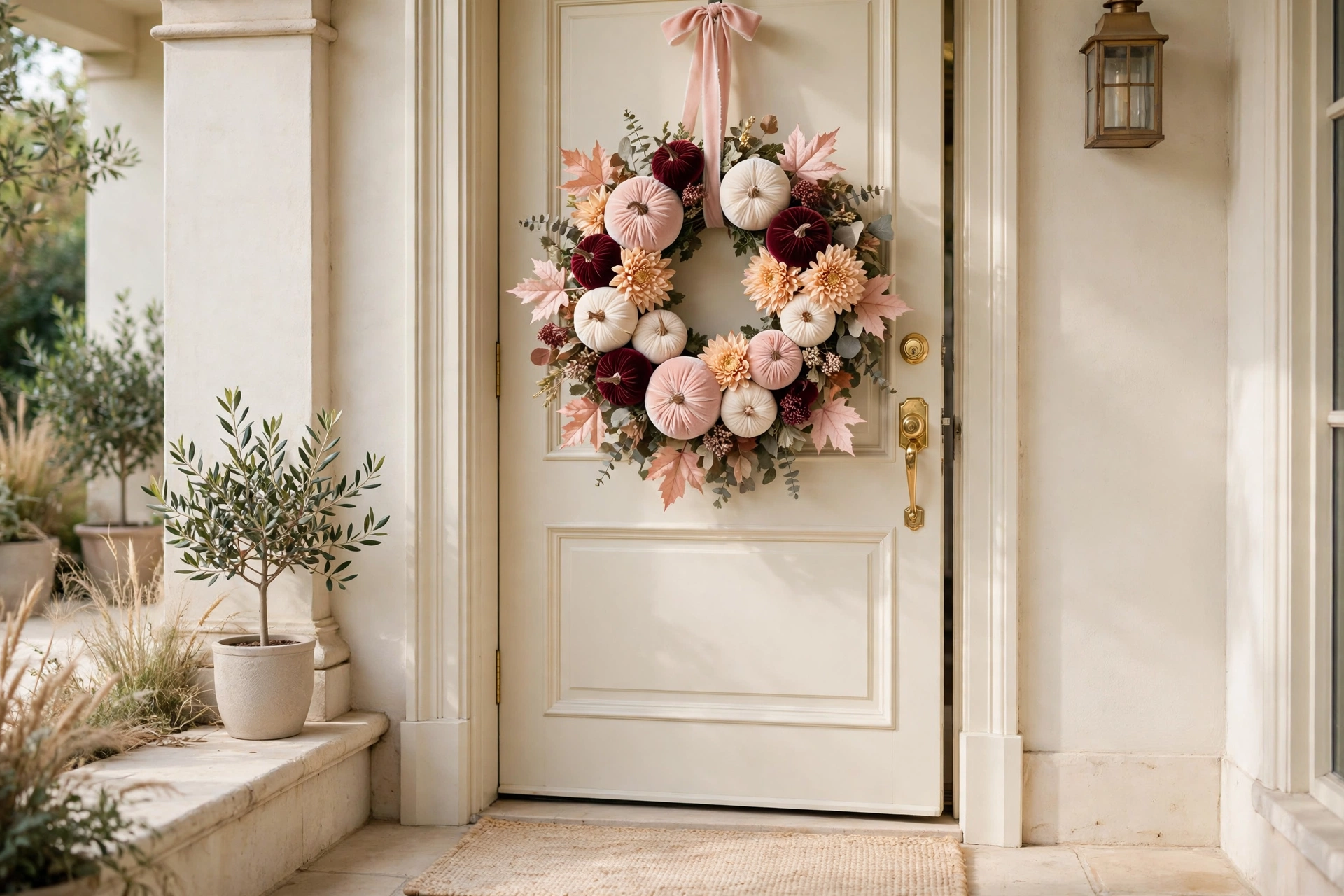 Blush pink fall wreath with velvet pumpkins hanging on a cream door