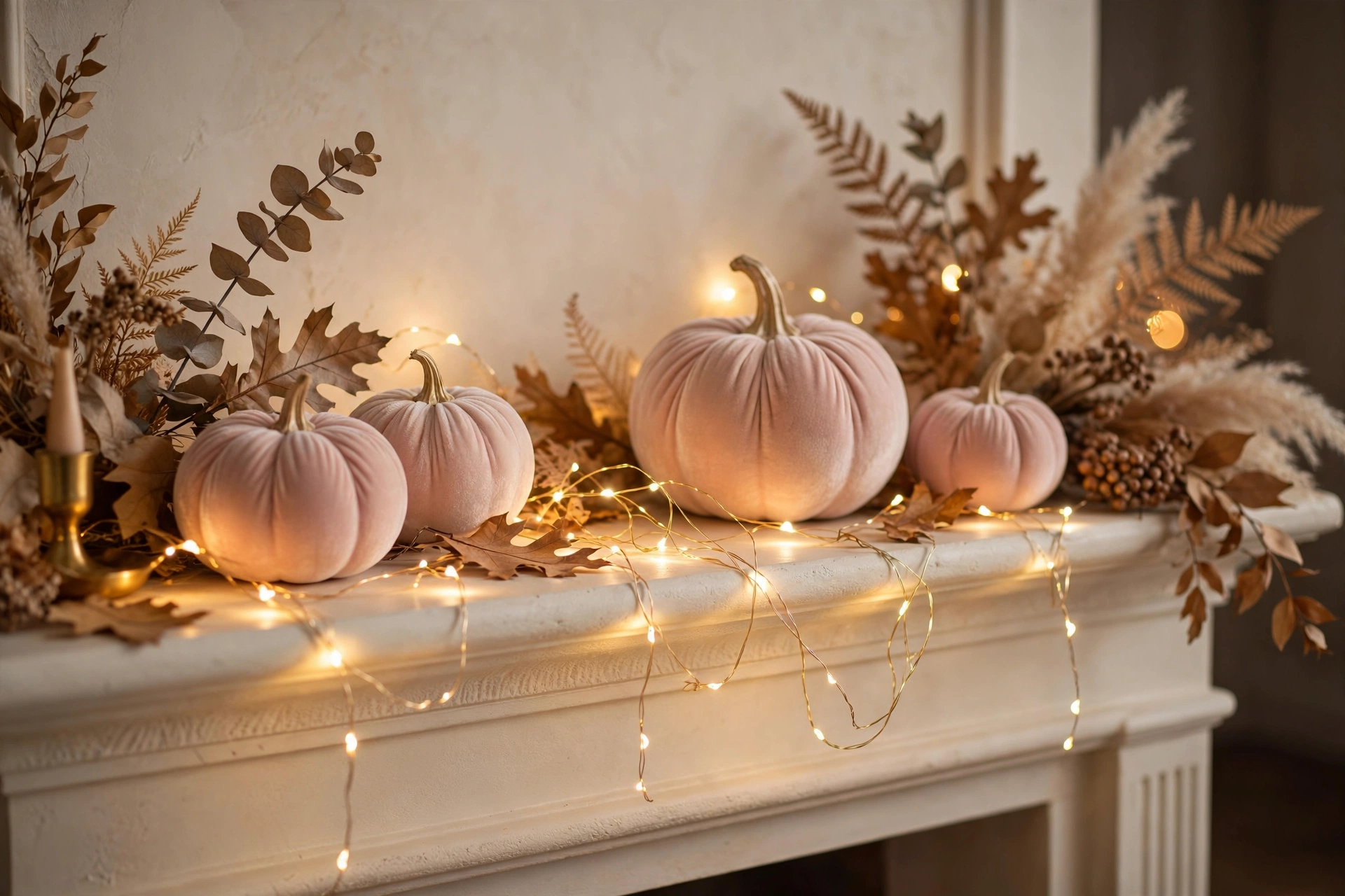 Gold wire fairy lights glowing on a fall mantel