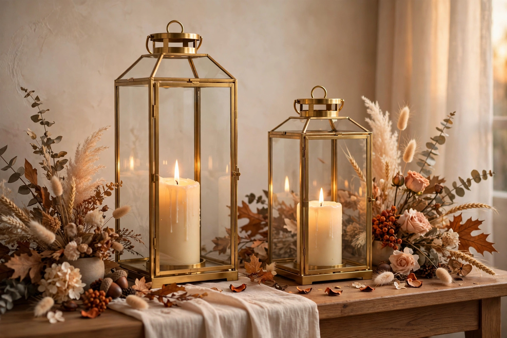 Two gold-framed glass hurricane lanterns with lit candles