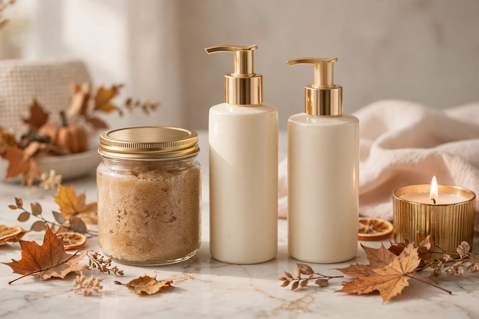 Pumpkin body care trio on a marble bathroom counter