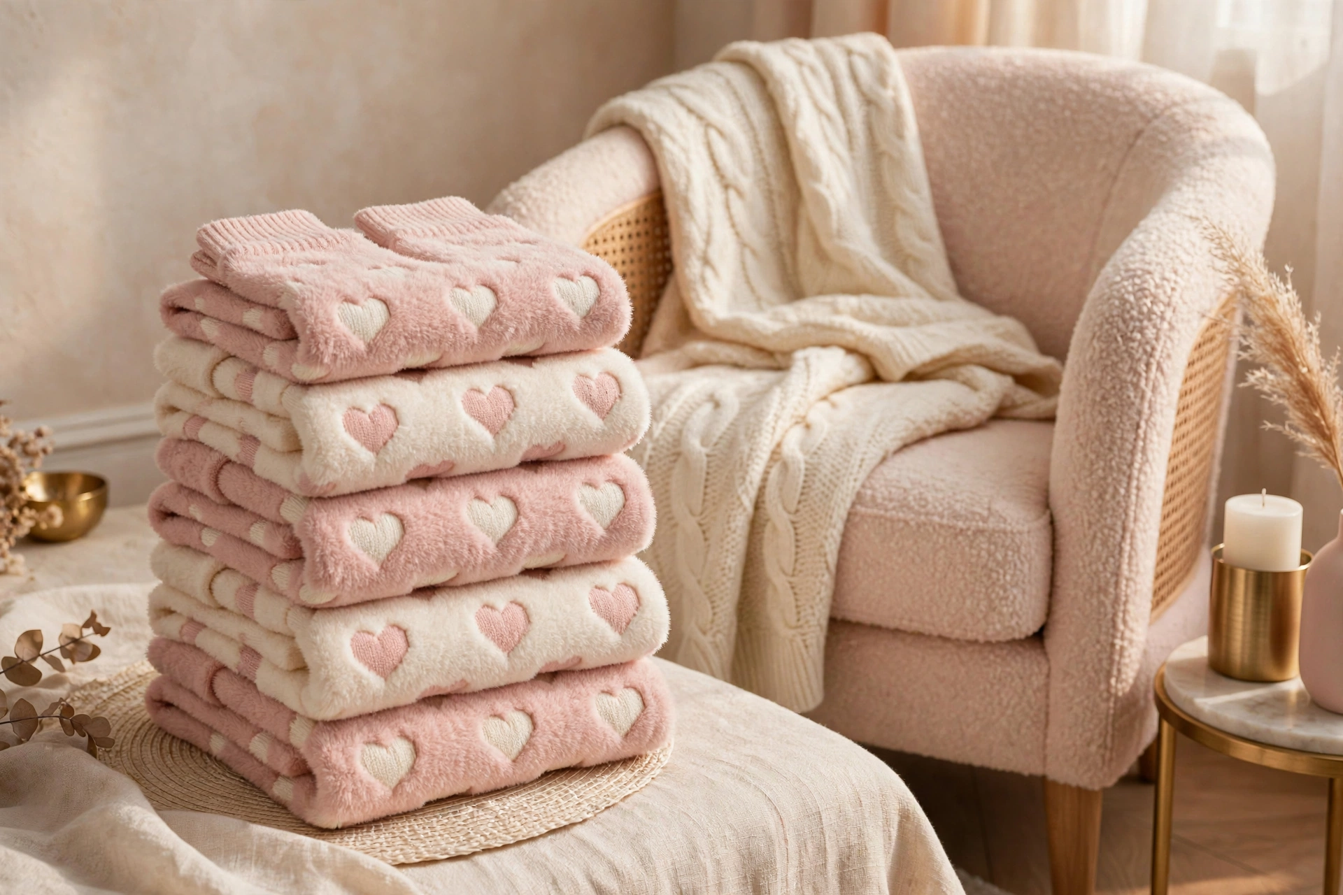 Fuzzy slipper socks in cream and blush pink with heart patterns