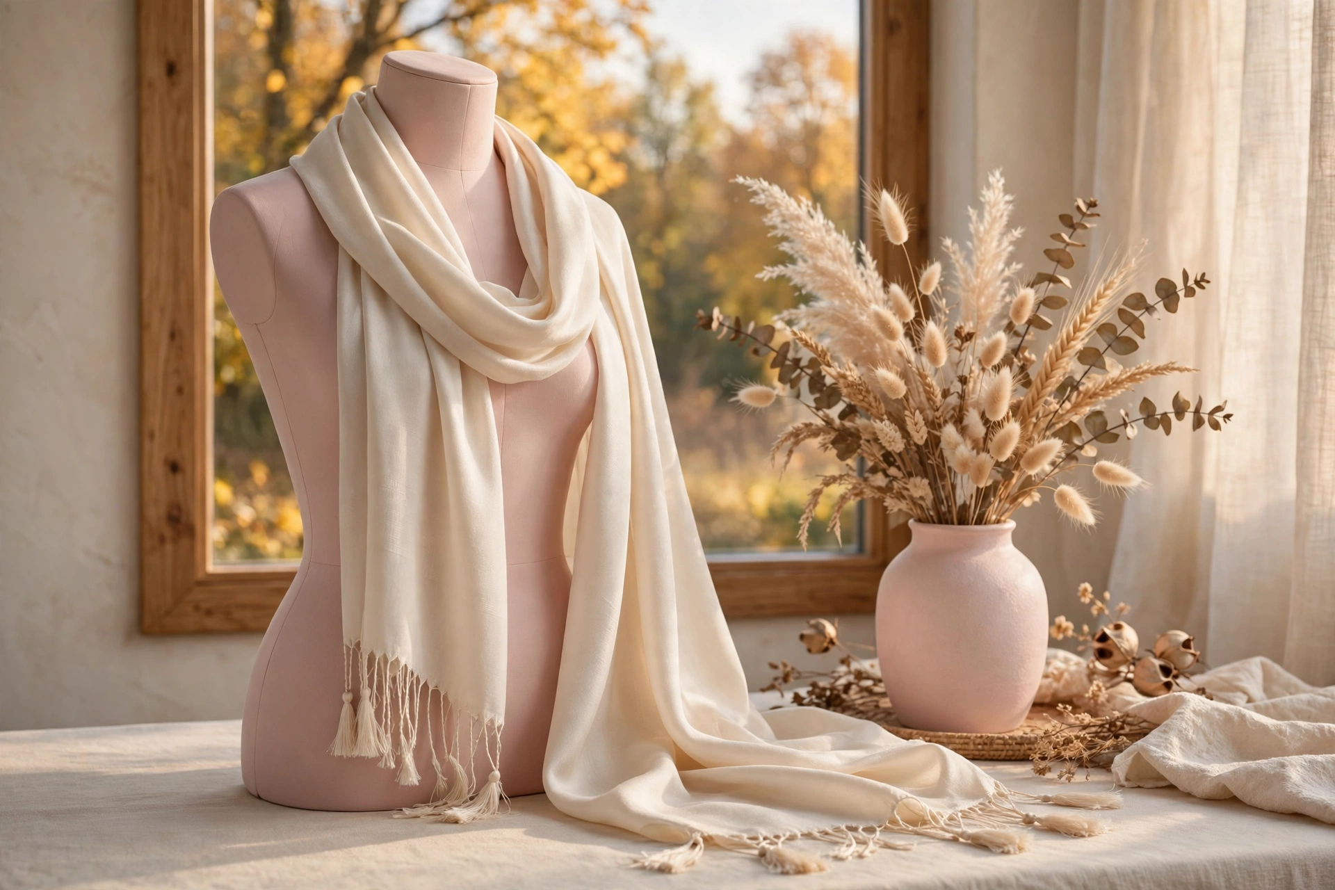 Cream pashmina scarf with tassels draped elegantly