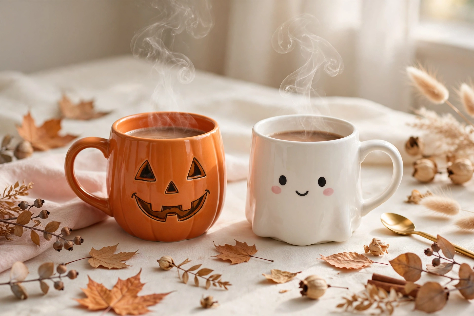 Halloween mug set with jack-o-lantern and ghost mugs