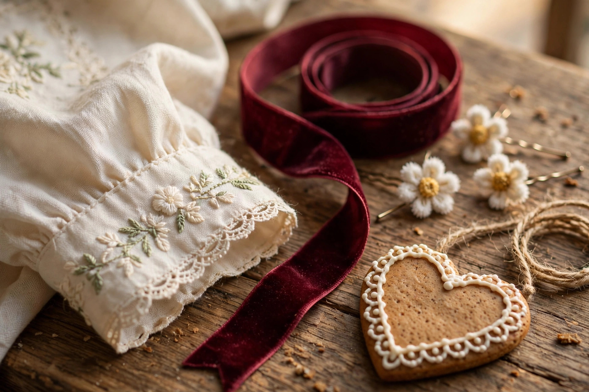 Close-up of elegant Oktoberfest details: embroidered blouse, burgundy velvet ribbon choker and floral hair pins.