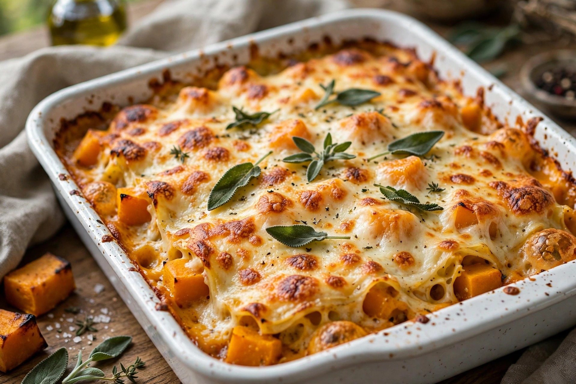 A bubbling butternut squash and sage lasagne with a golden cheese top in a white baking dish.
