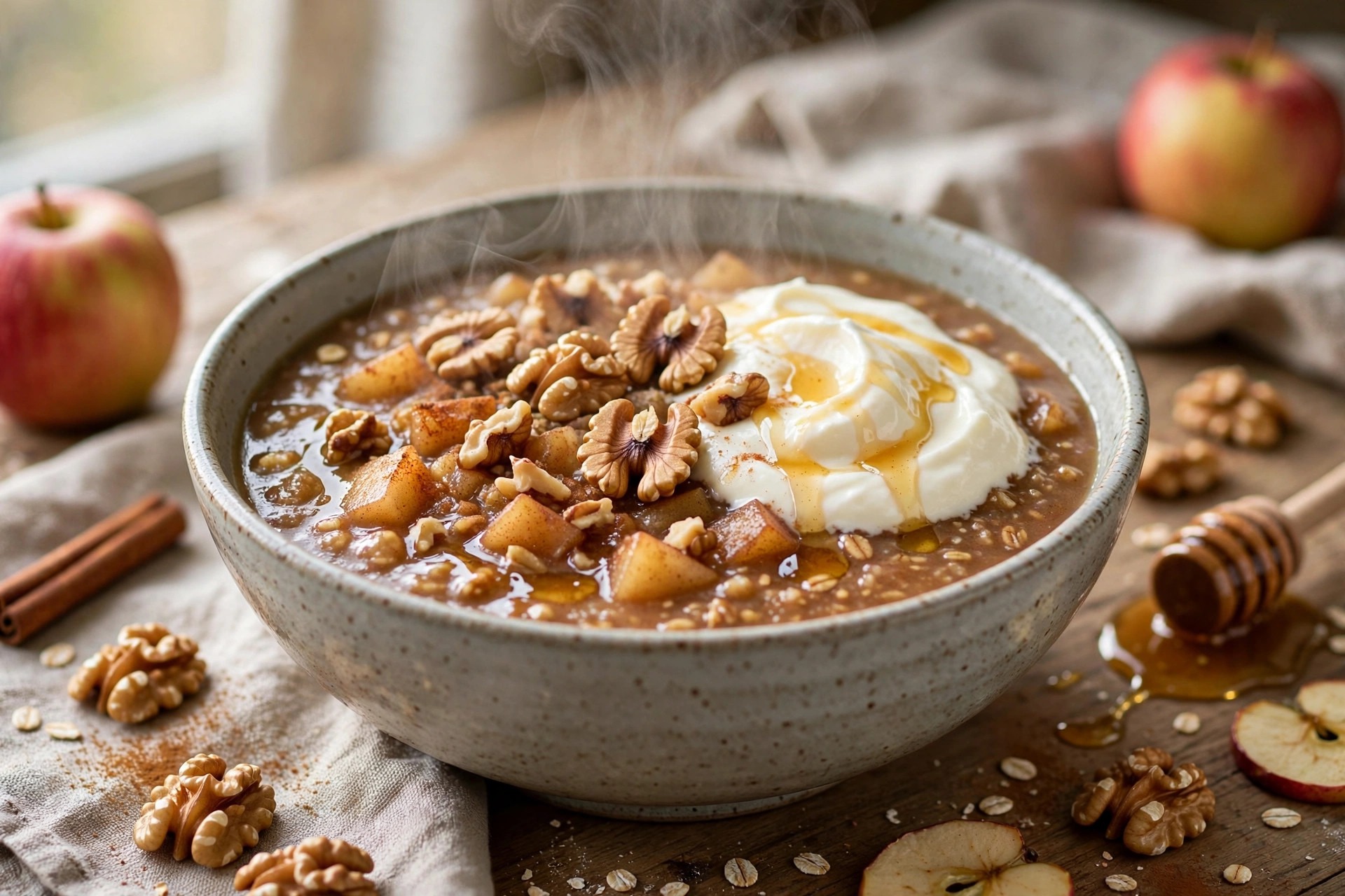 A steaming bowl of spiced apple pie porridge topped with yoghurt, honey and walnuts.