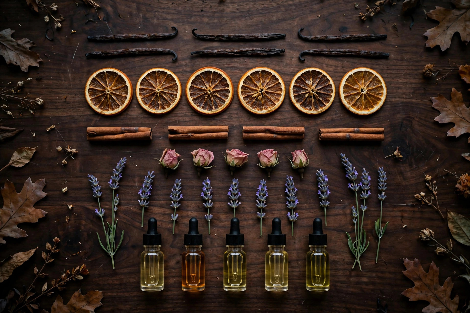 A photorealistic landscape-oriented flat-lay of fragrance ingredients on a dark walnut table: vanilla pods, dried orange slices, cinnamon sticks, rose buds, sprigs of lavender and small glass vials of essential oils arranged in neat rows in moody autumn light; wide composition, no text or words in the image.