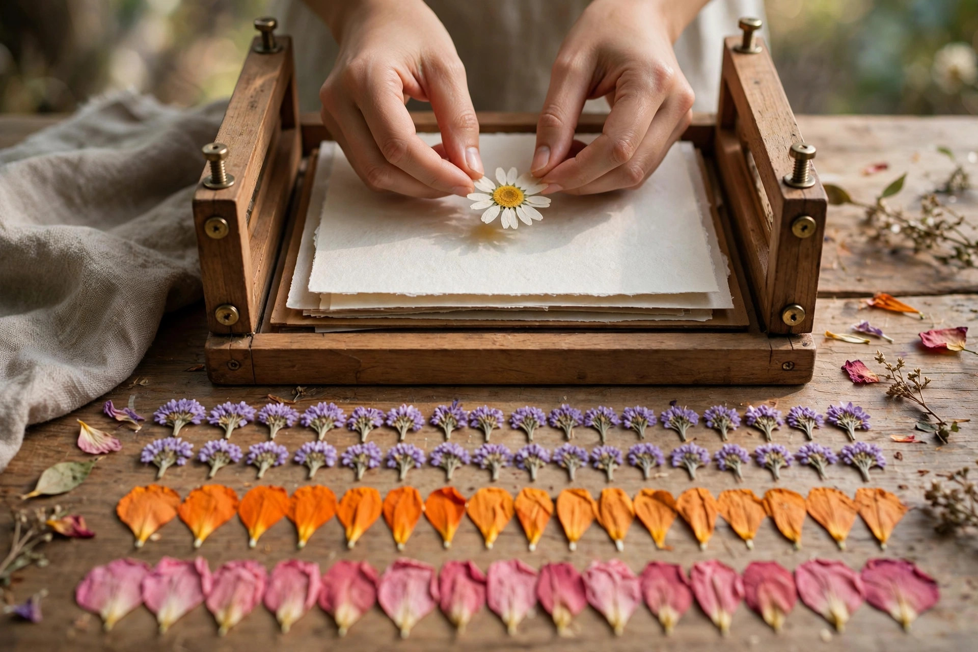 A wide landscape photograph of hands gently placing a pressed daisy onto blotting paper inside an open flower press, with colourful pressed petals in lavender, orange and rose laid out in neat rows on the table in soft daylight. No text or words visible in the image.