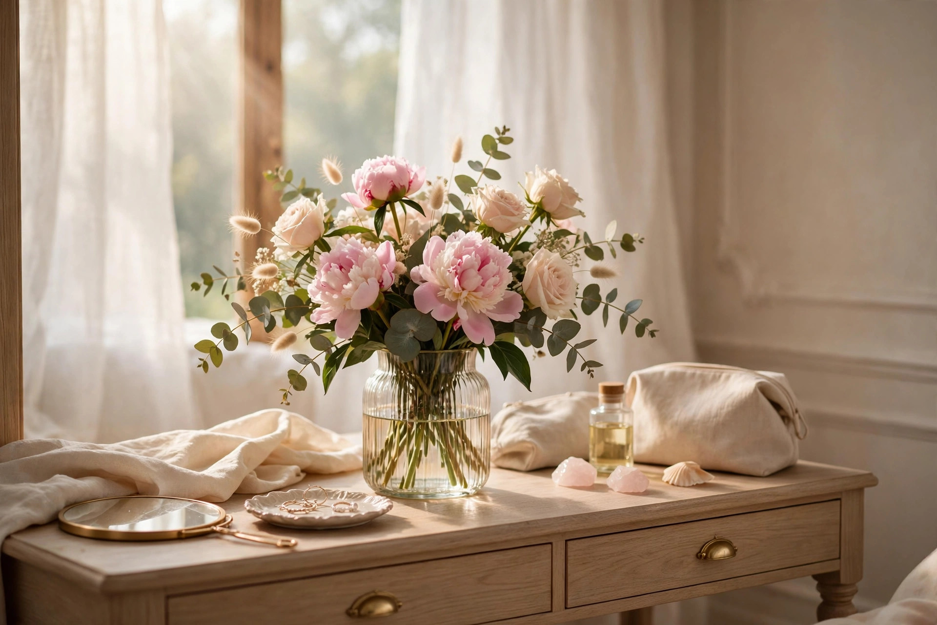 Romanticize your life with fresh flowers on a vanity in morning light