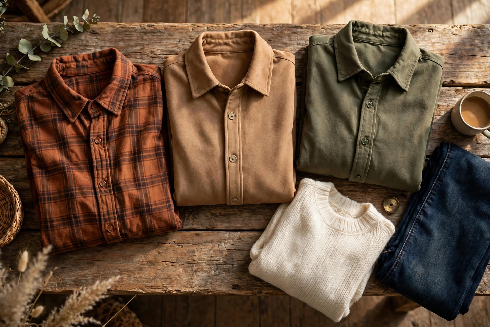 Folded shackets in plaid, camel and olive on a wooden bench with a fall outfit
