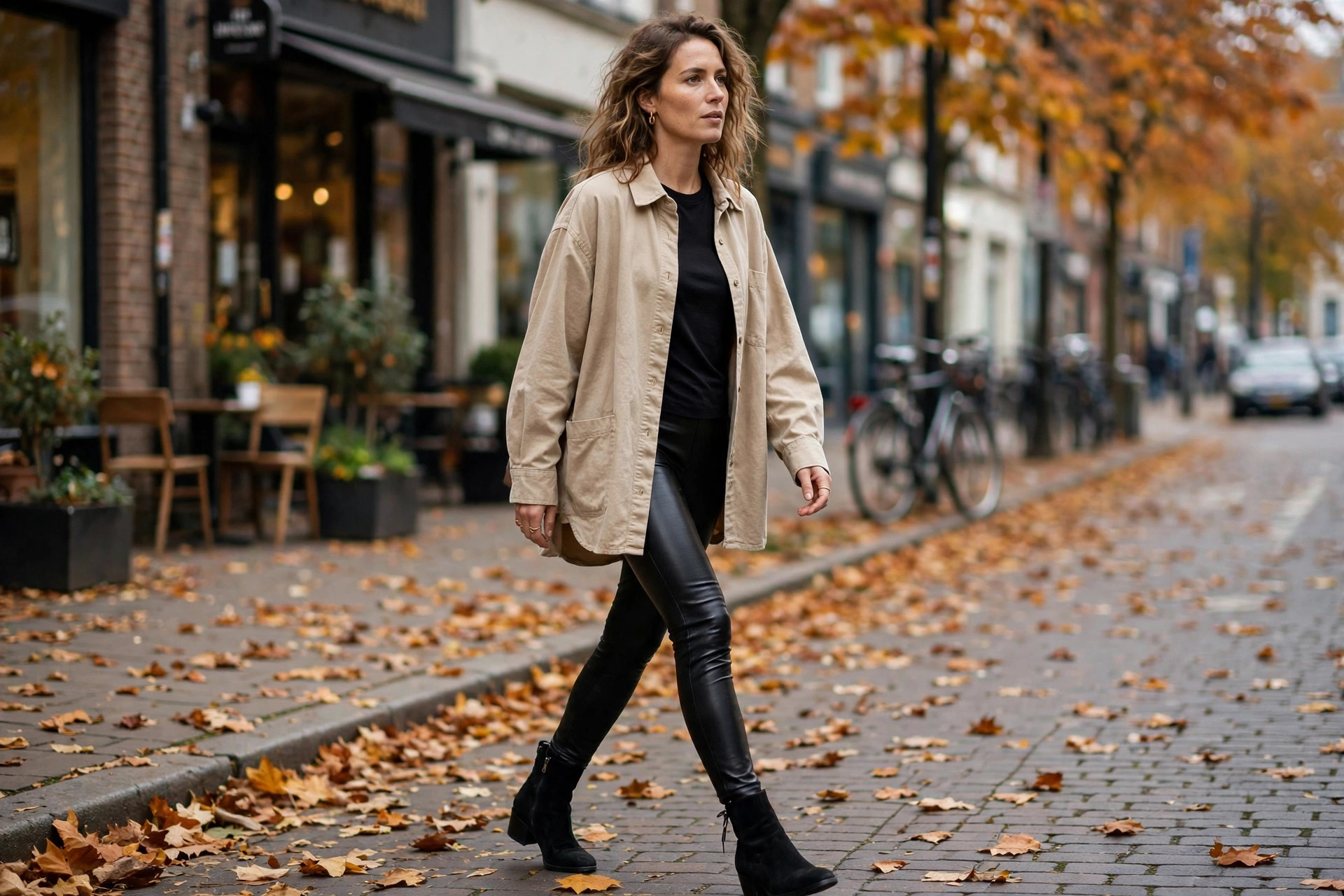 Woman wearing an oversized beige shacket open over a black top and leather leggings