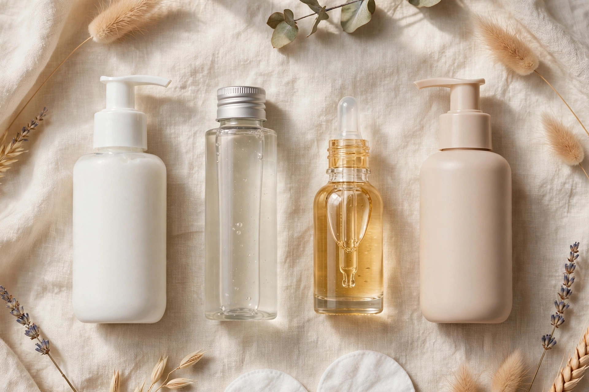 Flat lay of morning skincare routine products for glowing skin on cream linen