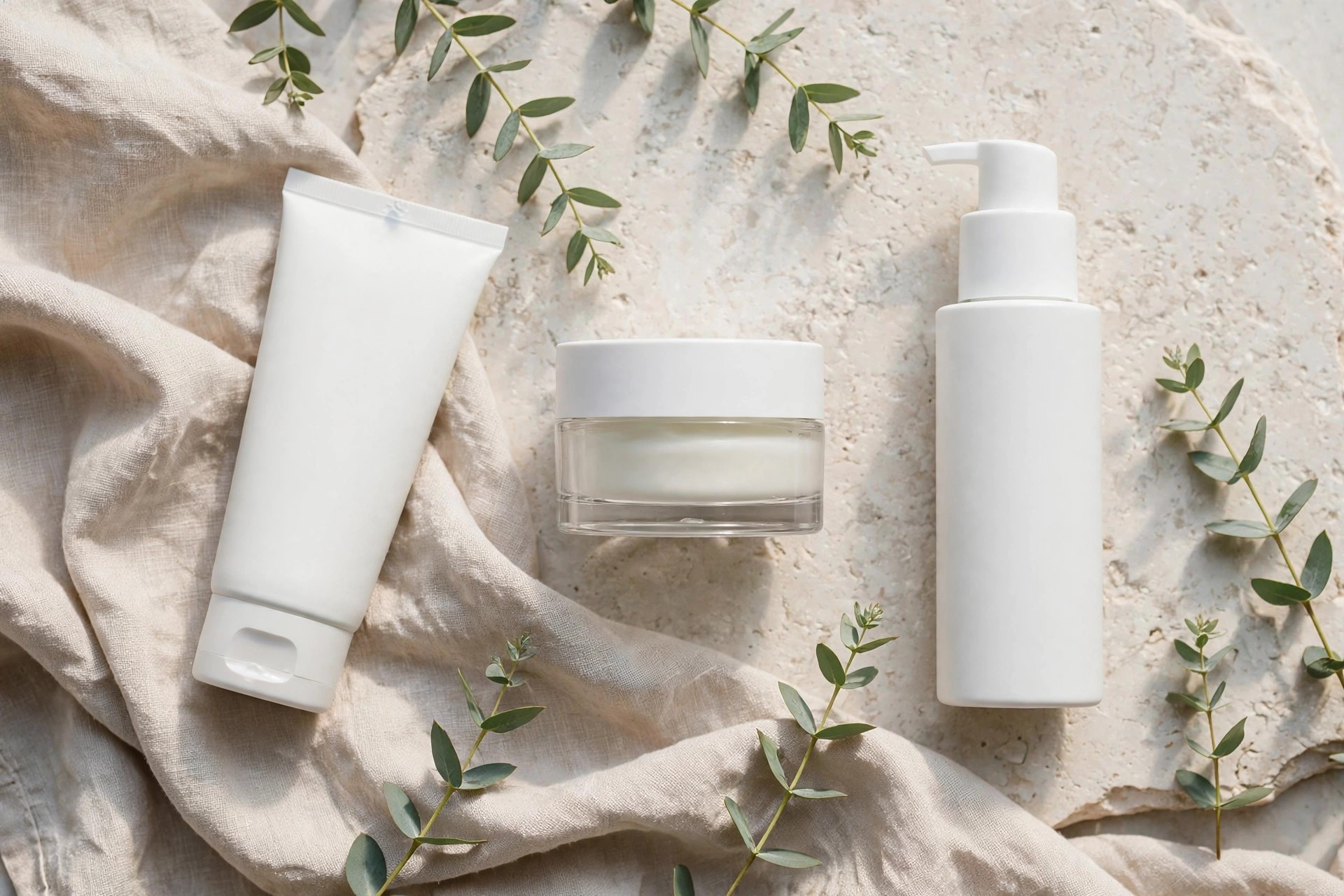 Flat lay of gentle milky skincare products for a skin barrier repair routine on a light stone surface