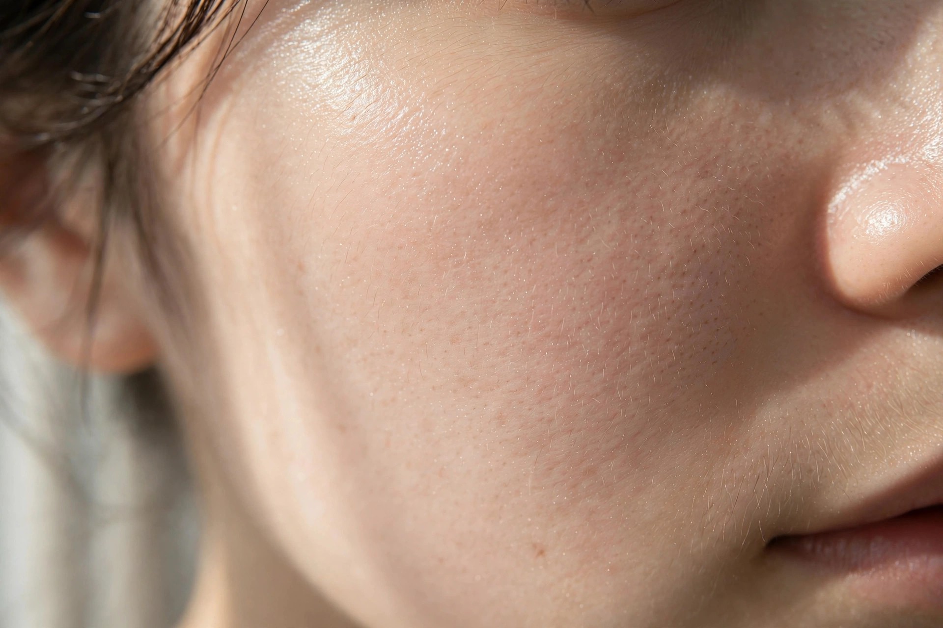 Close-up of smooth calm skin with a dewy healthy glow in natural light