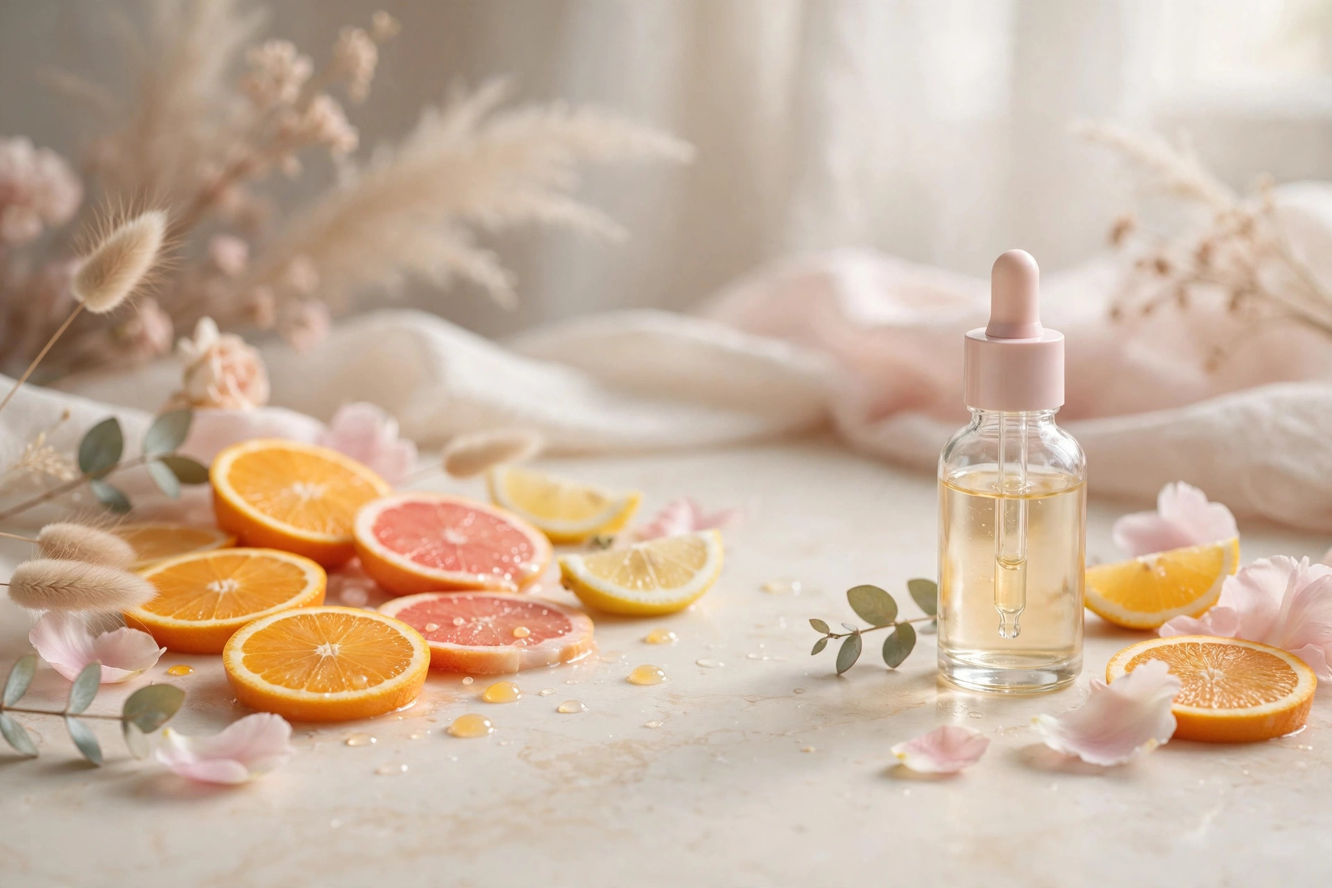 Vitamin C serum beside fresh citrus slices, skincare ingredients explained