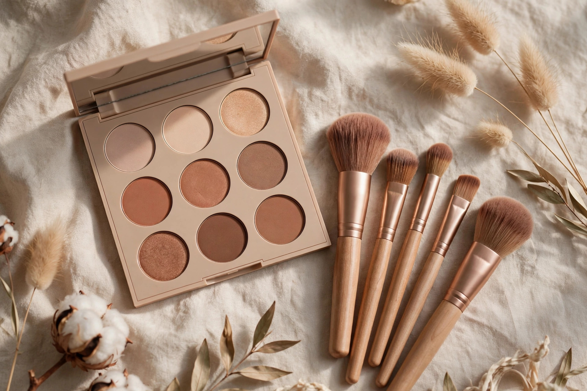 Warm neutral eyeshadow palette and brushes for a soft glam makeup tutorial